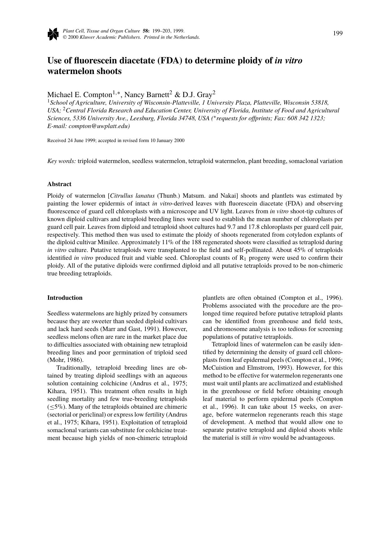 Use of fluorescein diacetate (FDA) to determine ploidy of in vitro watermelon shoots by Unknown