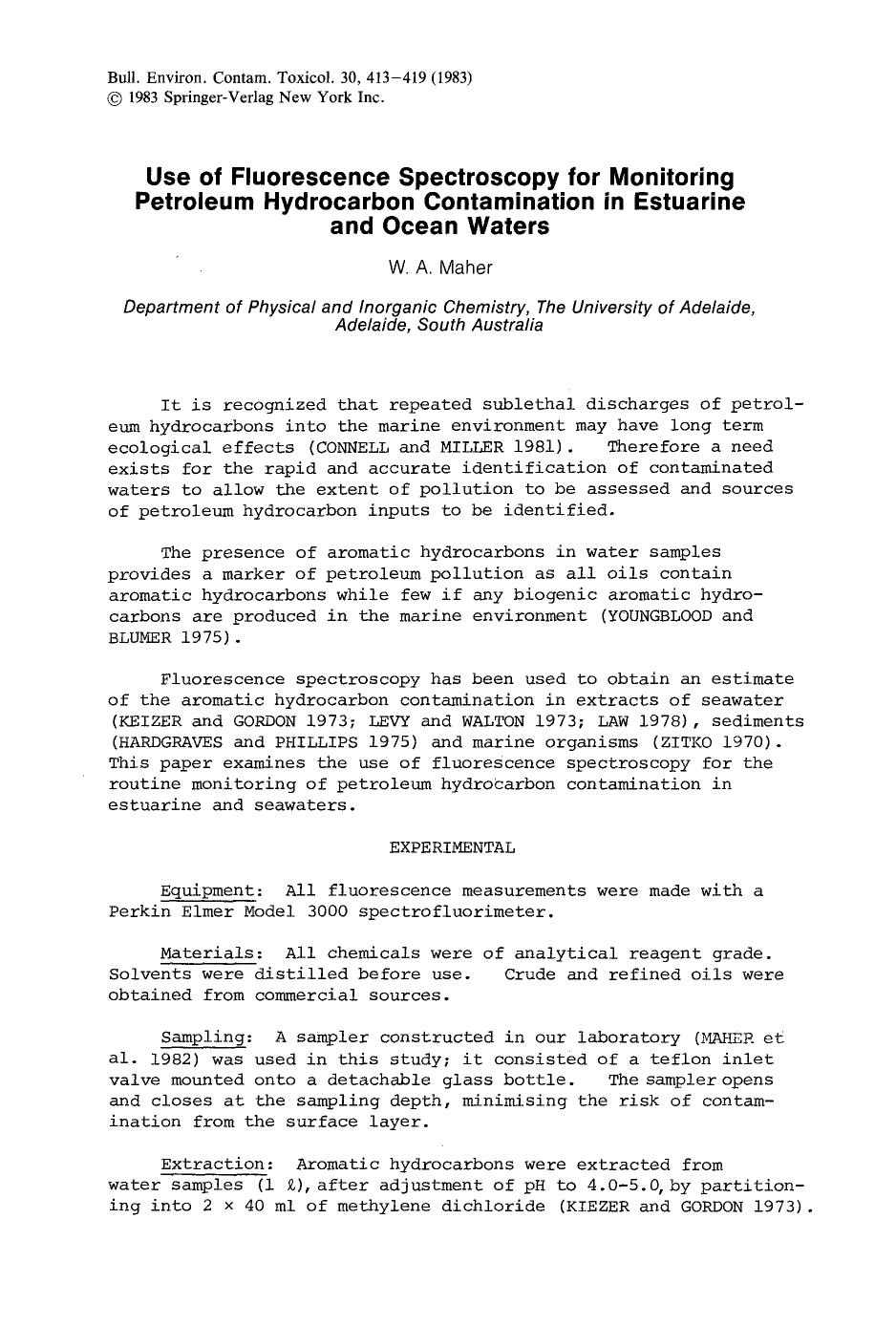 Use of fluorescence spectroscopy for monitoring petroleum hydrocarbon contamination in estuarine and ocean waters by Unknown