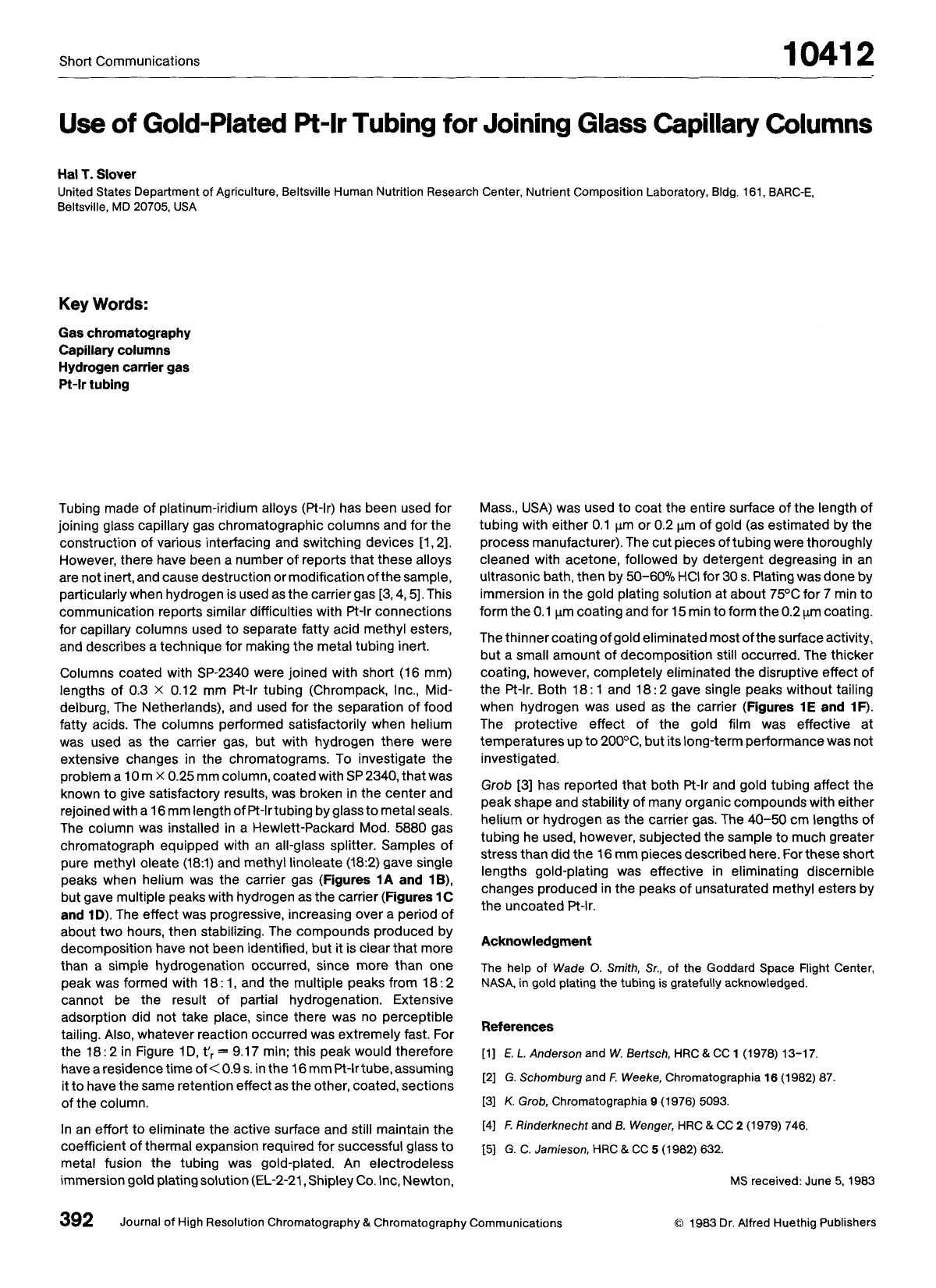 Use of gold-plated Pt-ir tubing for joining glass capillary columns by Unknown