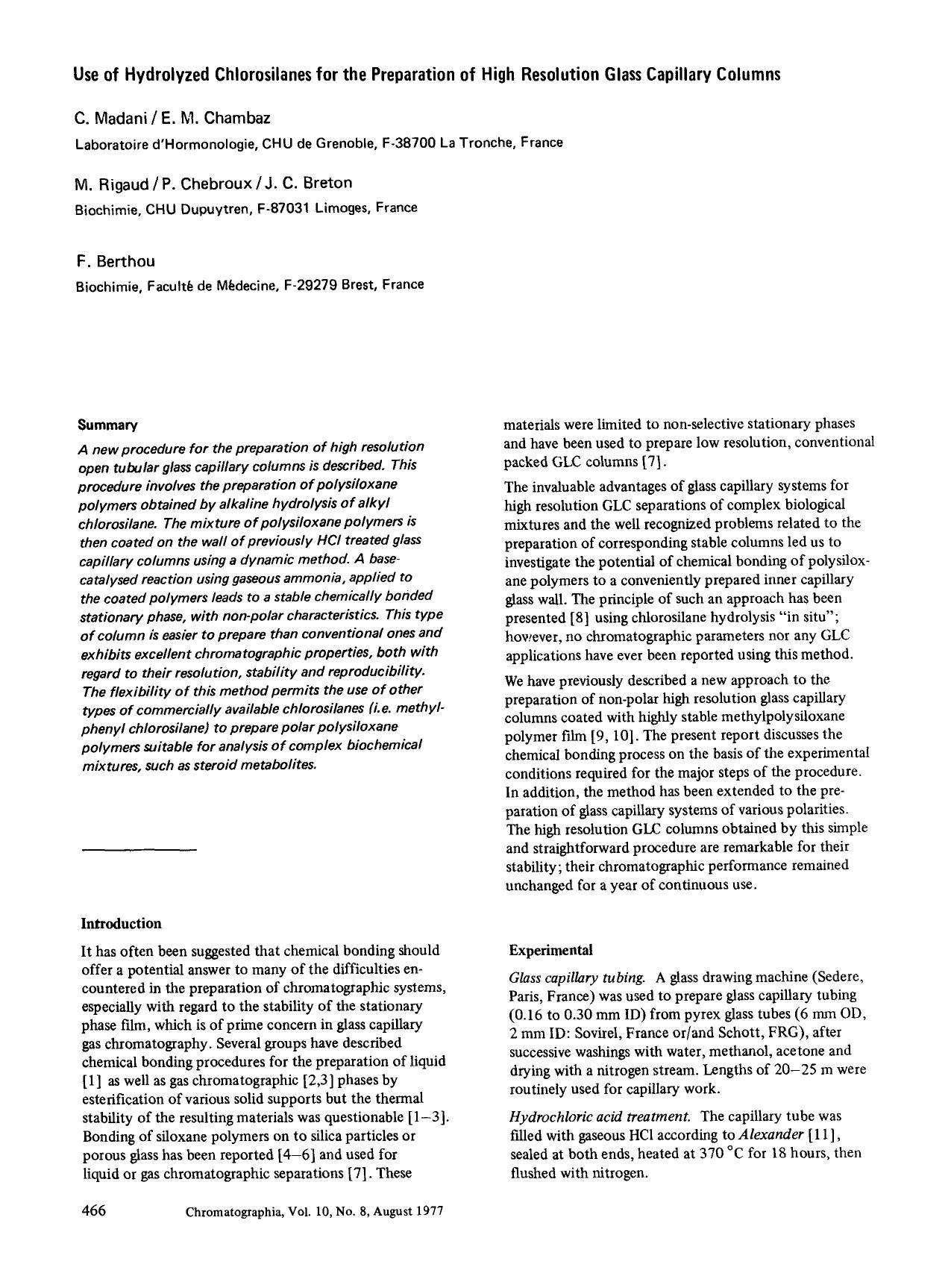 Use of hydrolyzed chlorosilanes for the preparation of high resolution glass capillary columns by Unknown