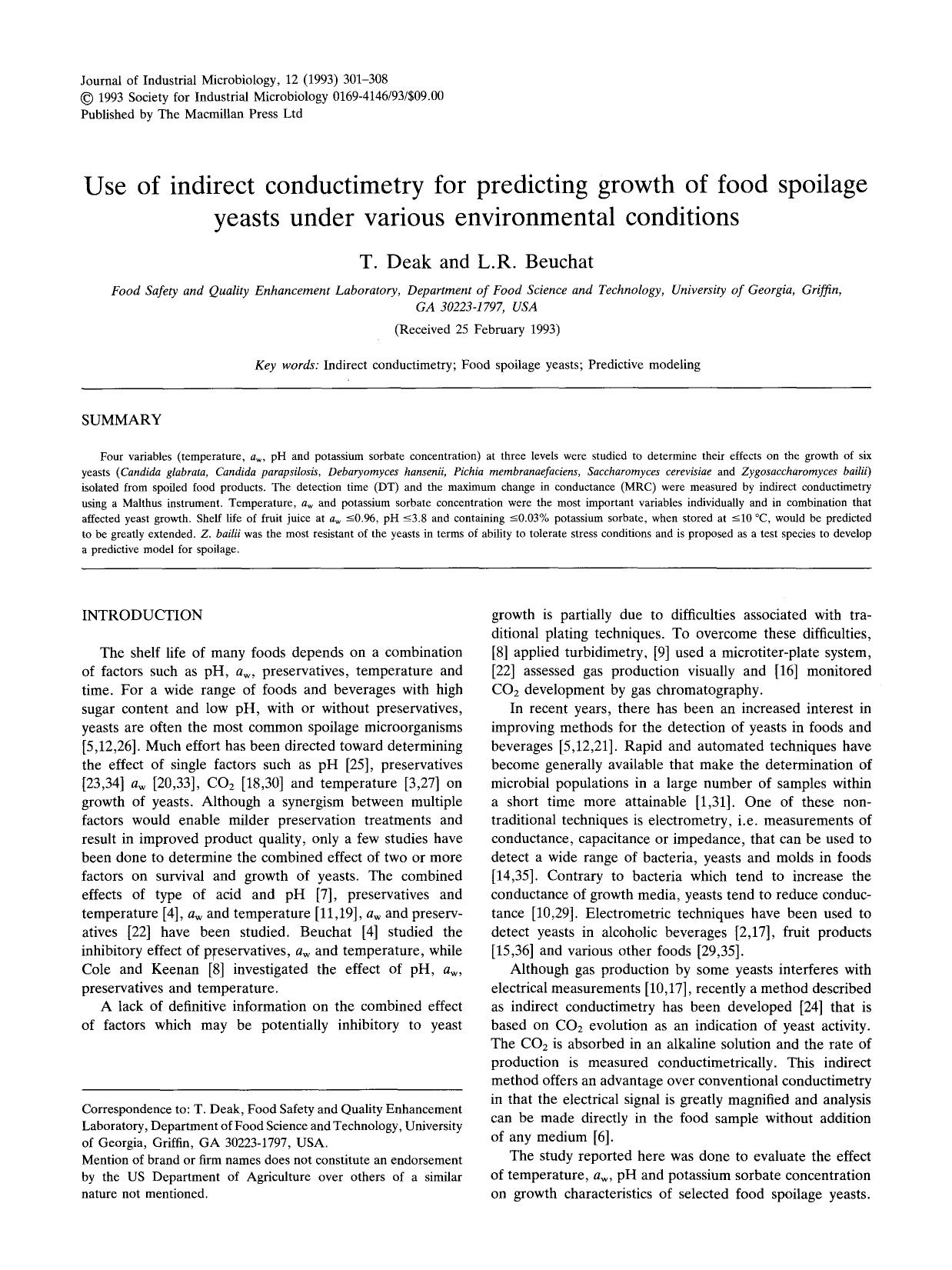 Use of indirect conductimetry for predicting growth of food spoilage yeasts under various environmental conditions by Unknown