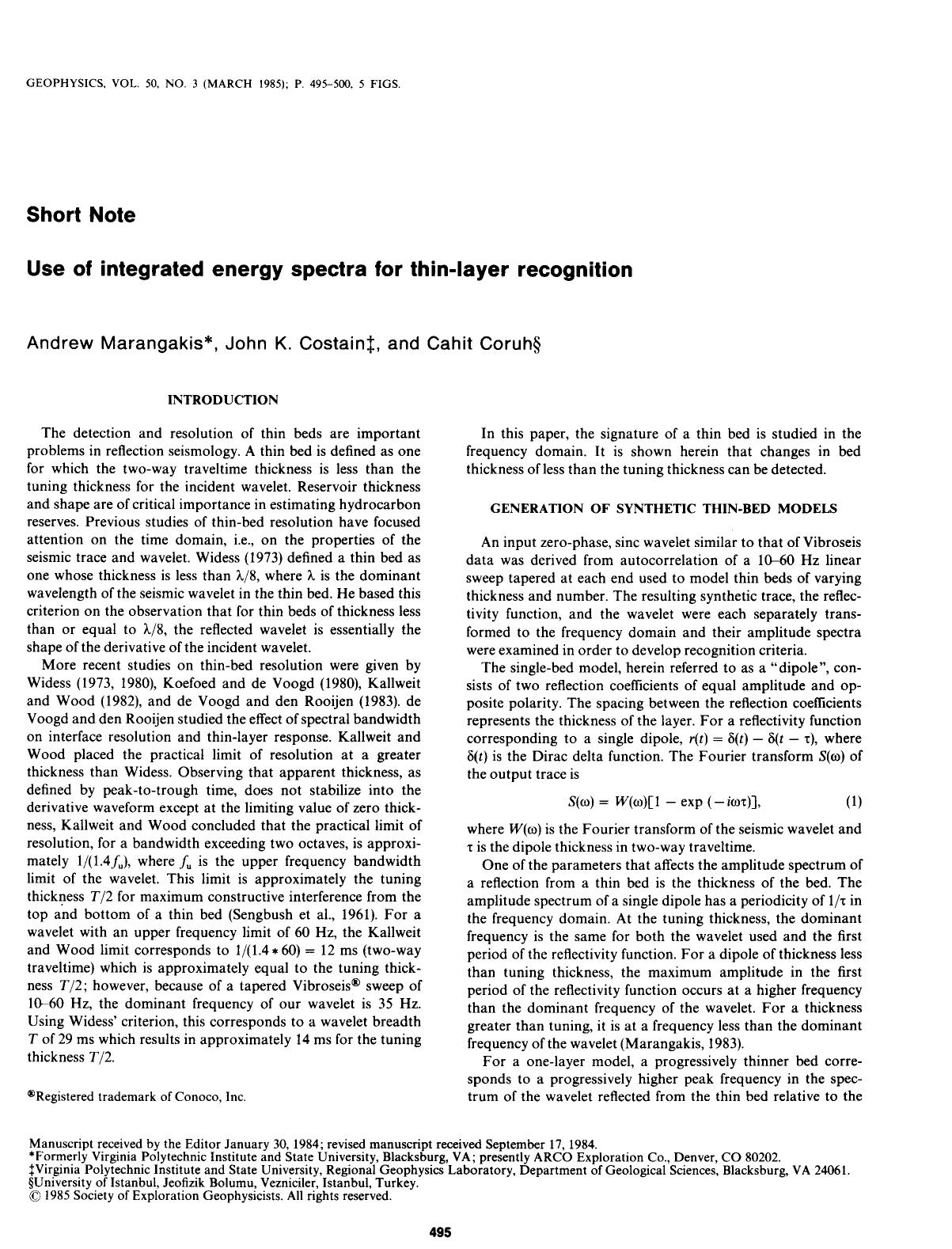 Use of integrated energy spectra for thin-layer recognition: SHORT NOTE by Marangakis A.; Costain J. K.; Coruh C