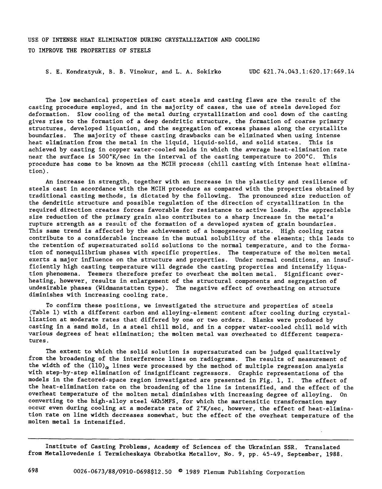 Use of intense heat elimination during crystallization and cooling to improve the properties of steels by Unknown