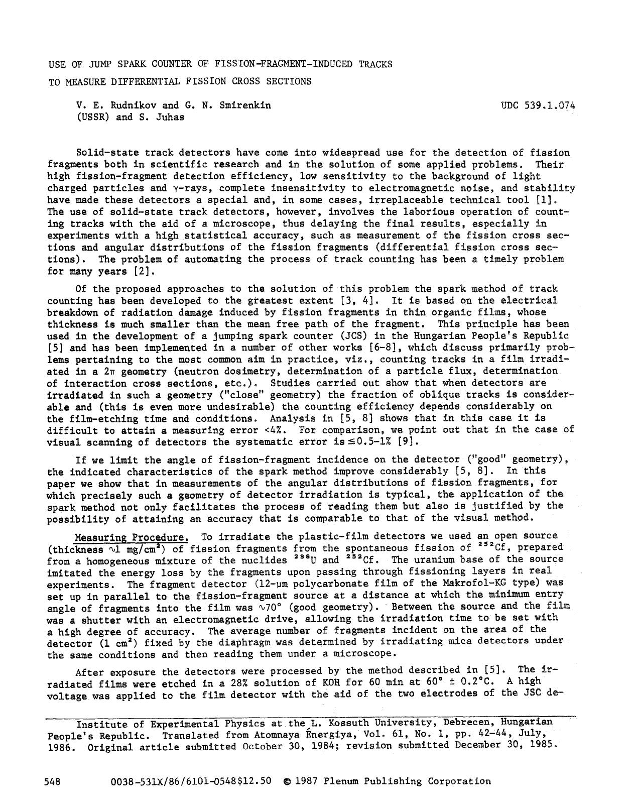 Use of jump spark counter of fission-fragment-induced tracks to measure differential fission cross sections by Unknown