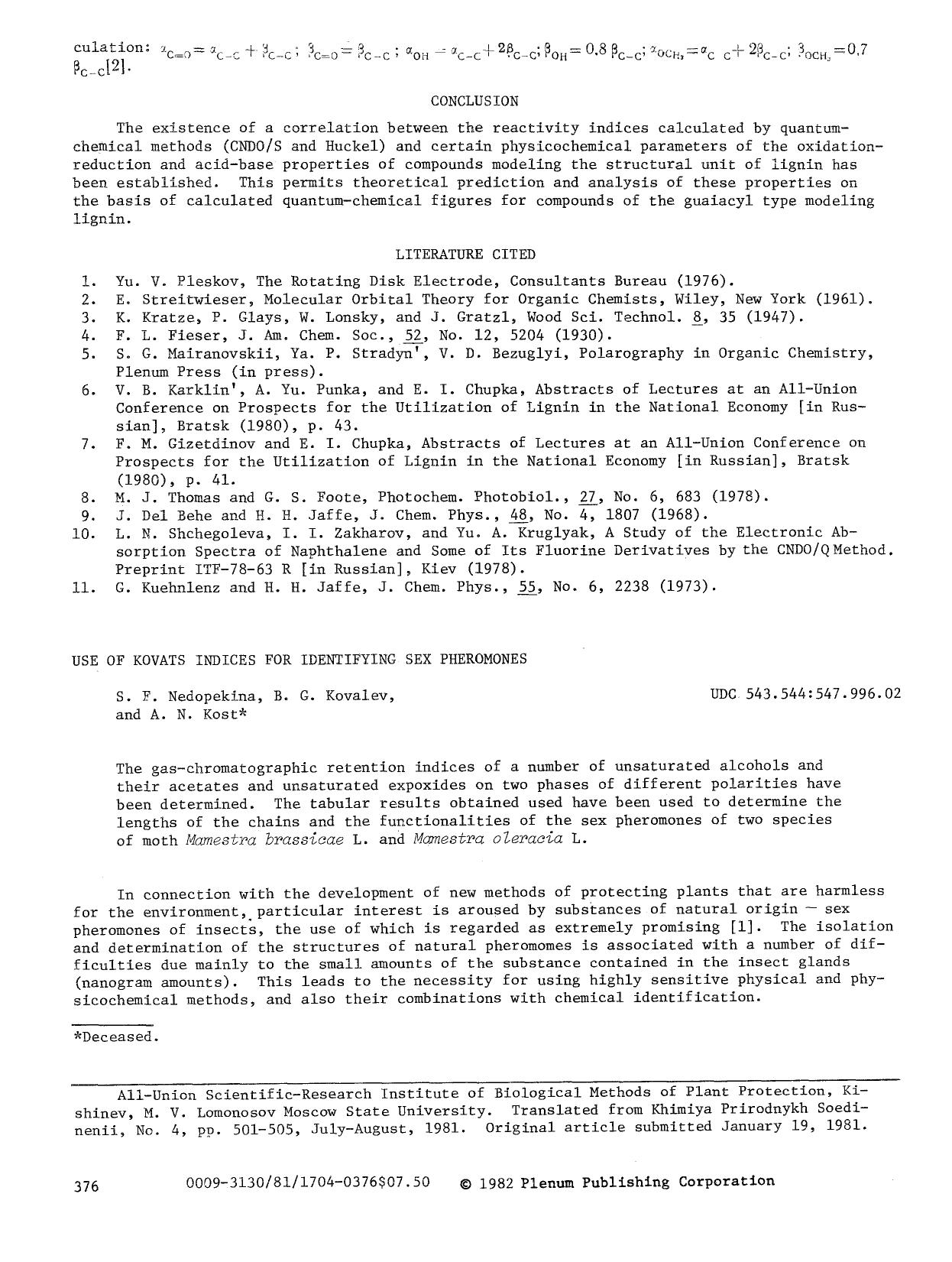 Use of kovats indices for identifying sex pheromones by Unknown