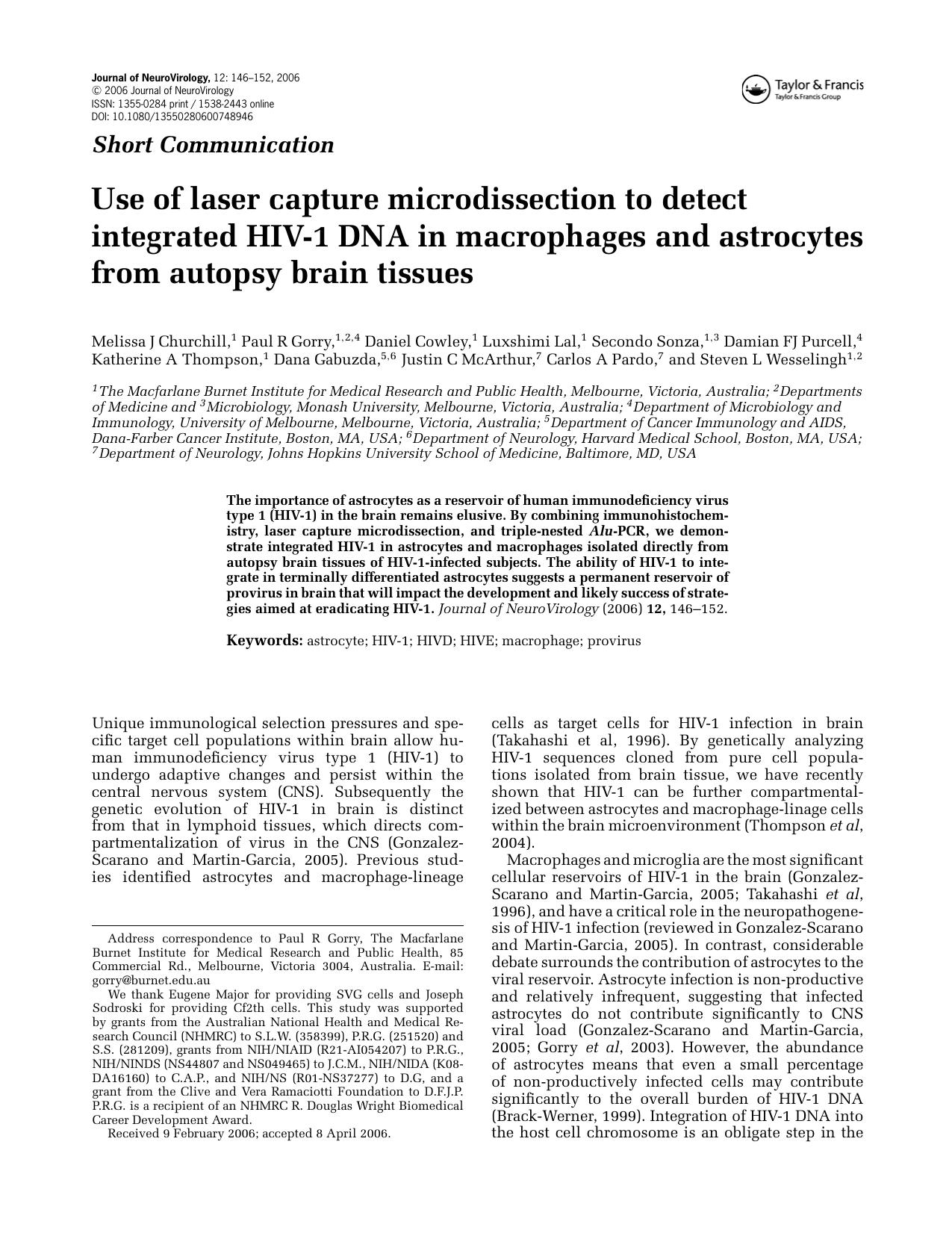 Use of laser capture microdissection to detect integrated HIV-1 DNA in macrophages and astrocytes from autopsy brain tissues by Unknown