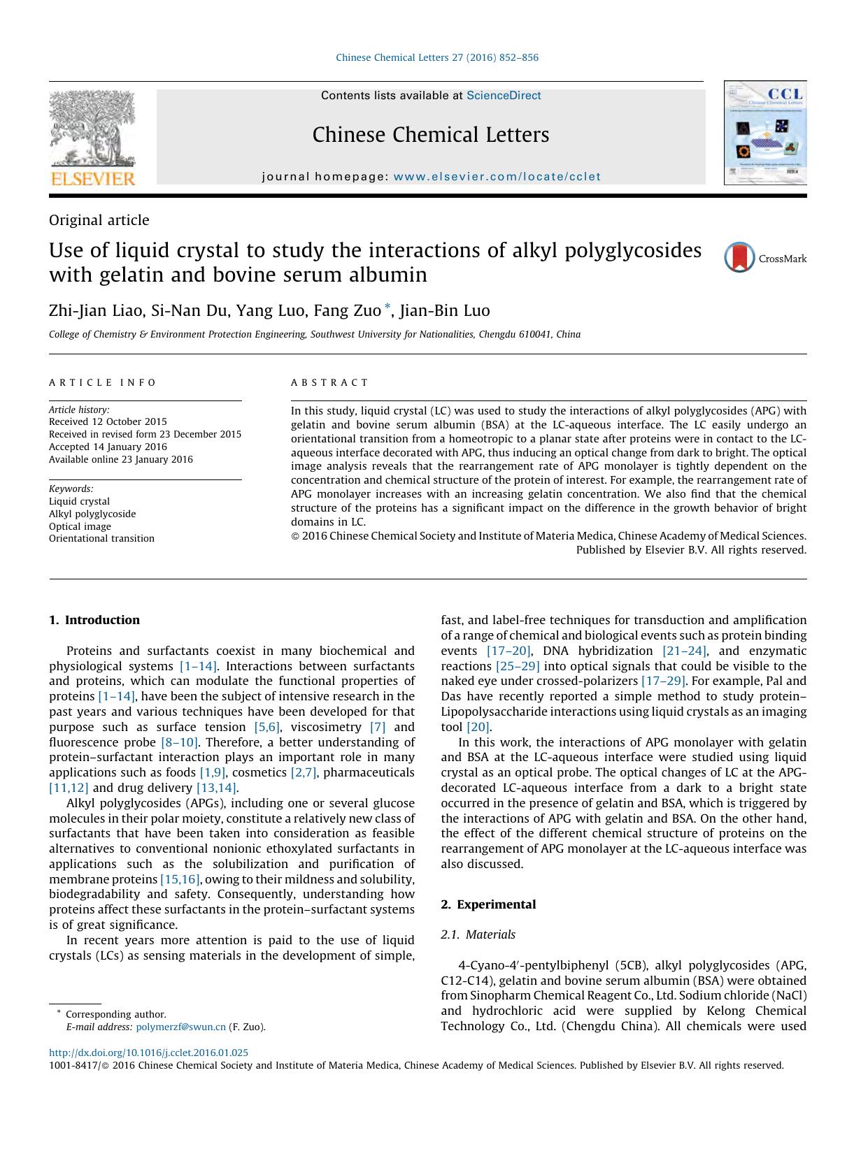 Use of liquid crystal to study the interactions of alkyl polyglycosides with gelatin and bovine serum albumin by Zhi-Jian Liao & Si-Nan Du & Yang Luo & Fang Zuo & Jian-Bin Luo