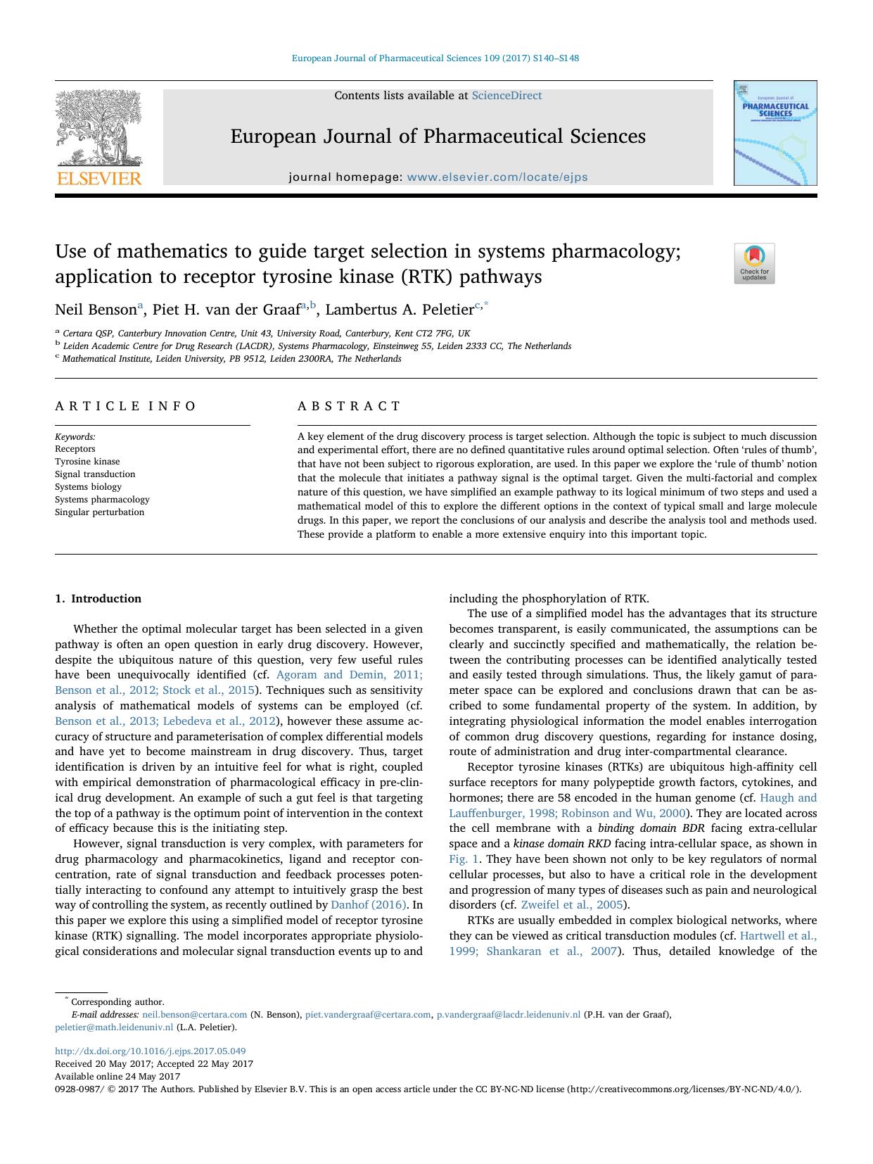 Use of mathematics to guide target selection in systems pharmacology; application to receptor tyrosine kinase (RTK) pathways by Neil Benson & Piet H. van der Graaf & Lambertus A. Peletier