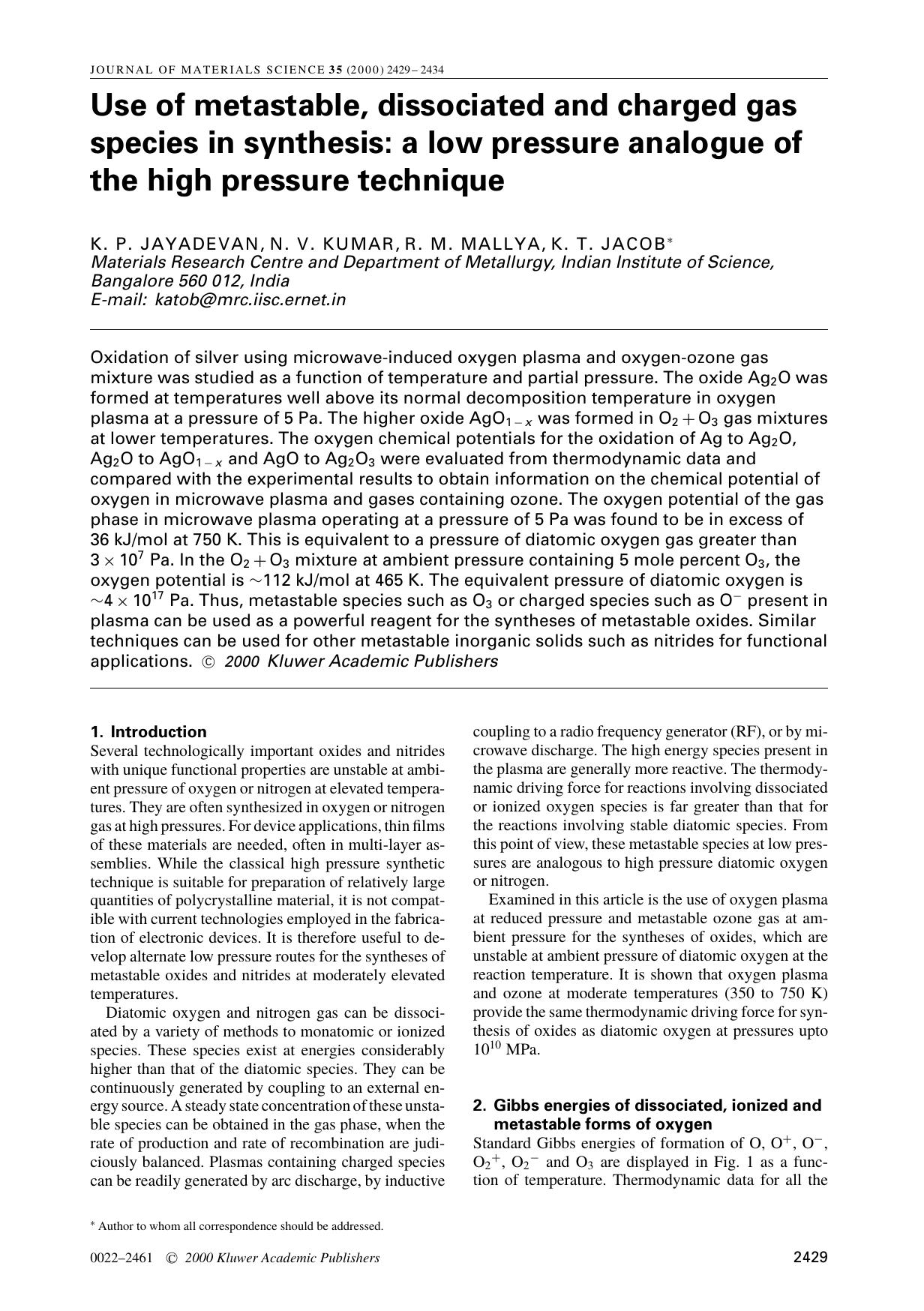 Use of metastable, dissociated and charged gas species in synthesis: a low pressure analogue of the high pressure technique by Unknown