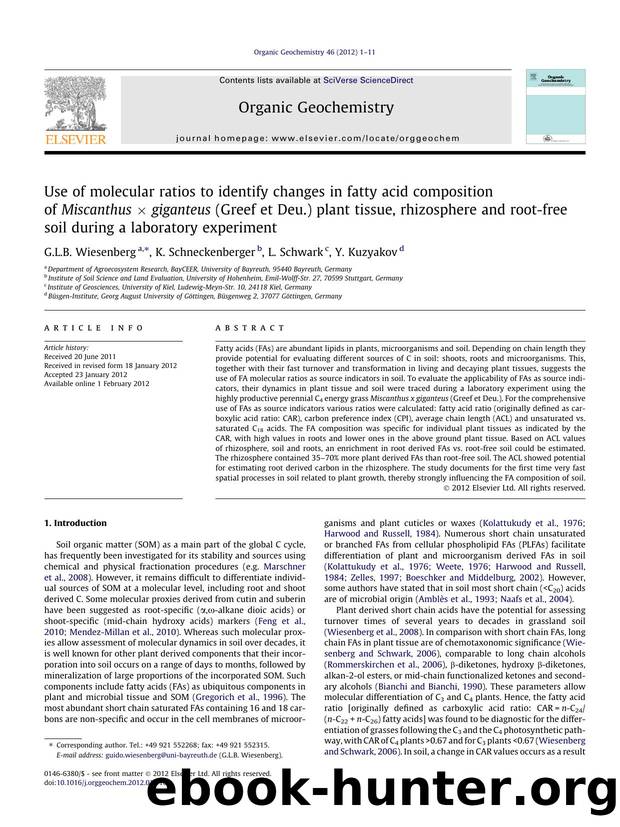 Use of molecular ratios to identify changes in fatty acid composition of MiscanthusÃâgiganteus (Greef et Deu.) plant tissue, rhizosphere and root-free soil during a laboratory experiment by G.L.B. Wiesenberg