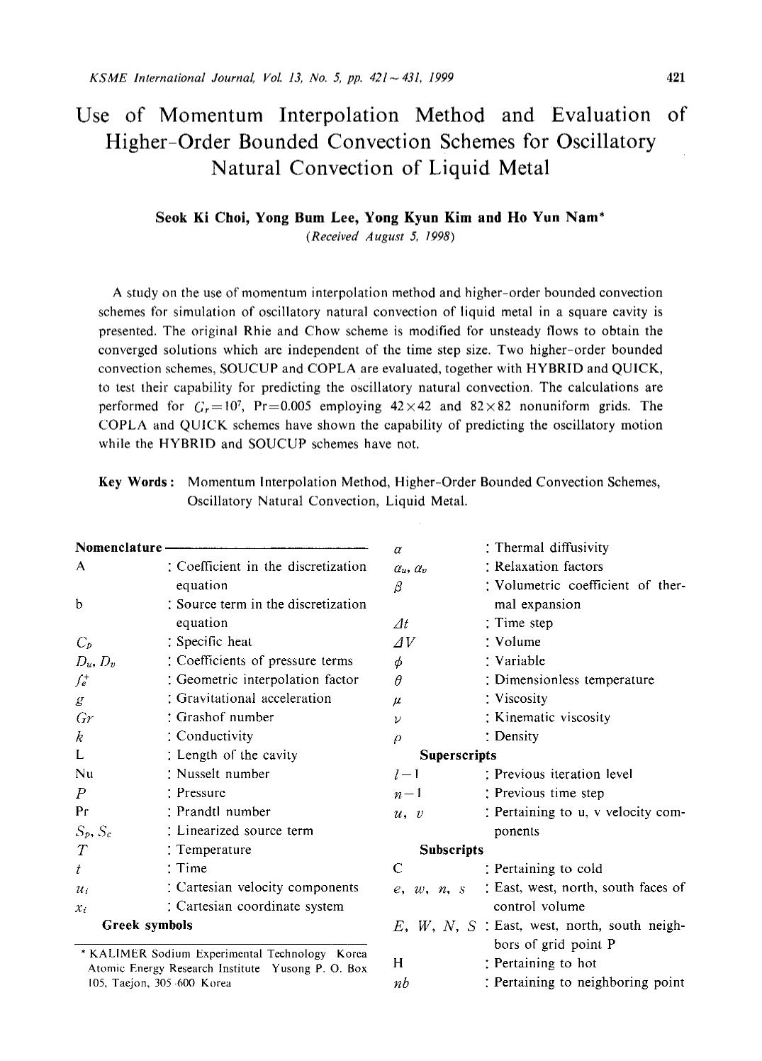 Use of momentum interpolation method and evaluation of higher-order bounded convection schemes for oscillatory natural convection of liquid metal by Unknown