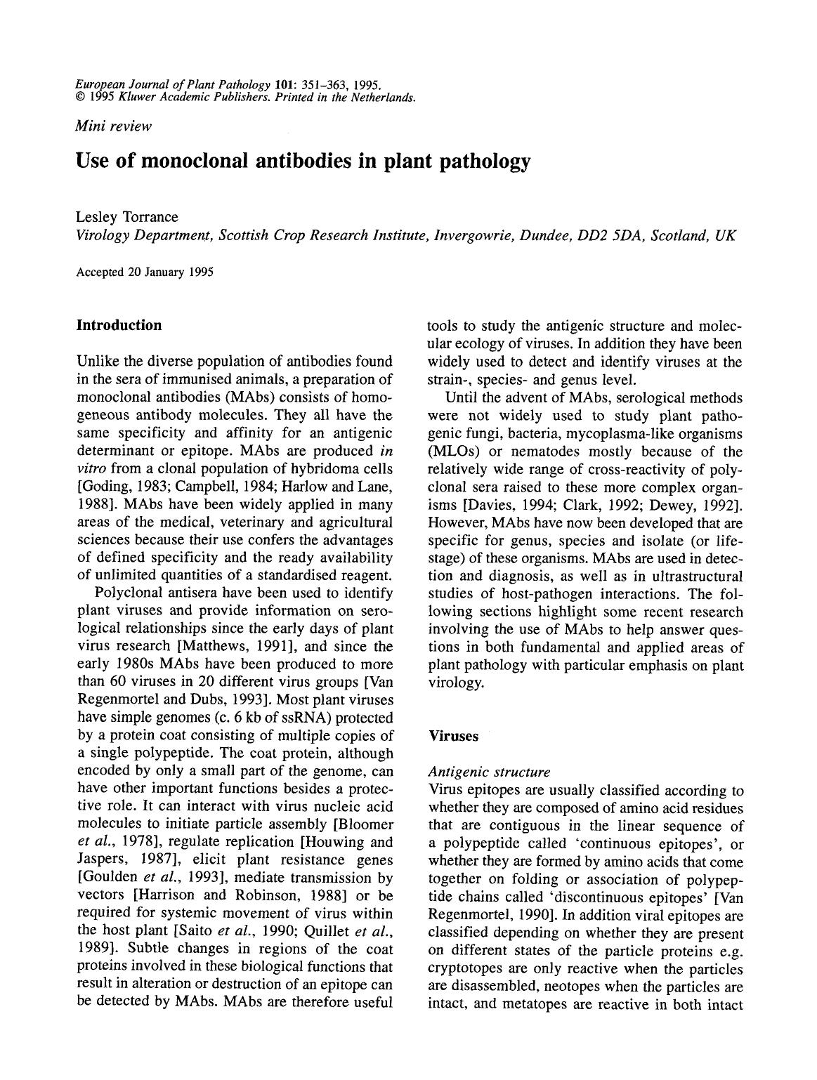 Use of monoclonal antibodies in plant pathology by Unknown