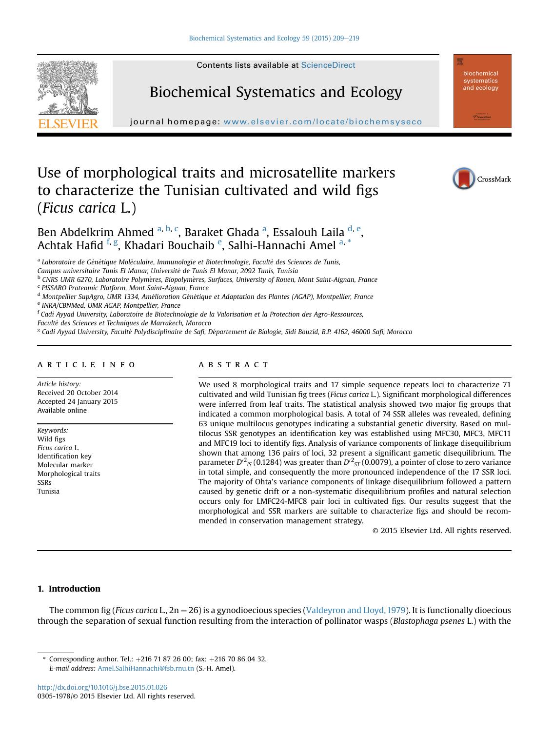 Use of morphological traits and microsatellite markers to characterize the Tunisian cultivated and wild figs (Ficus carica L.) by unknow