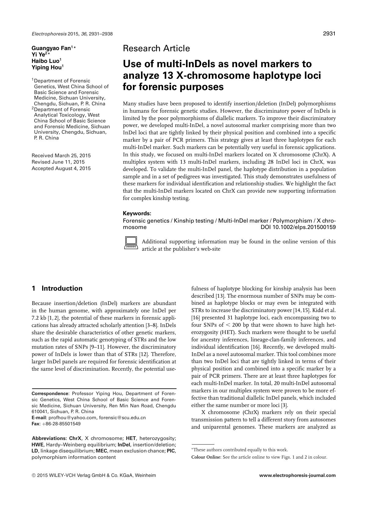 Use of multi‐InDels as novel markers to analyze 13 X‐chromosome haplotype loci for forensic purposes by Unknown