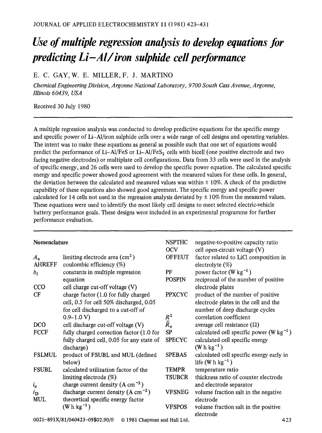 Use of multiple regression analysis to develop equations for predicting Li-Aliron sulphide cell performance by Unknown