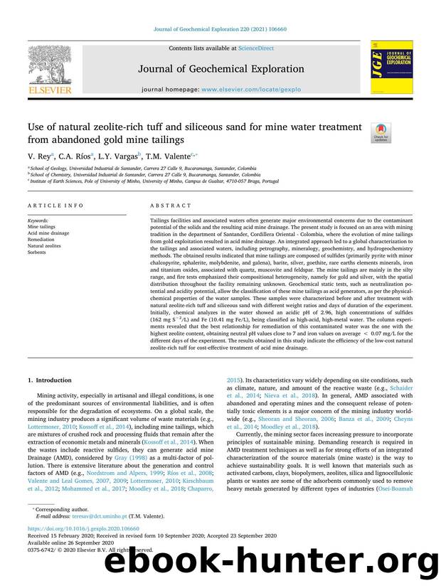 Use of natural zeolite-rich tuff and siliceous sand for mine water treatment from abandoned gold mine tailings by V. Rey & C.A. Ríos & L.Y. Vargas & T.M. Valente