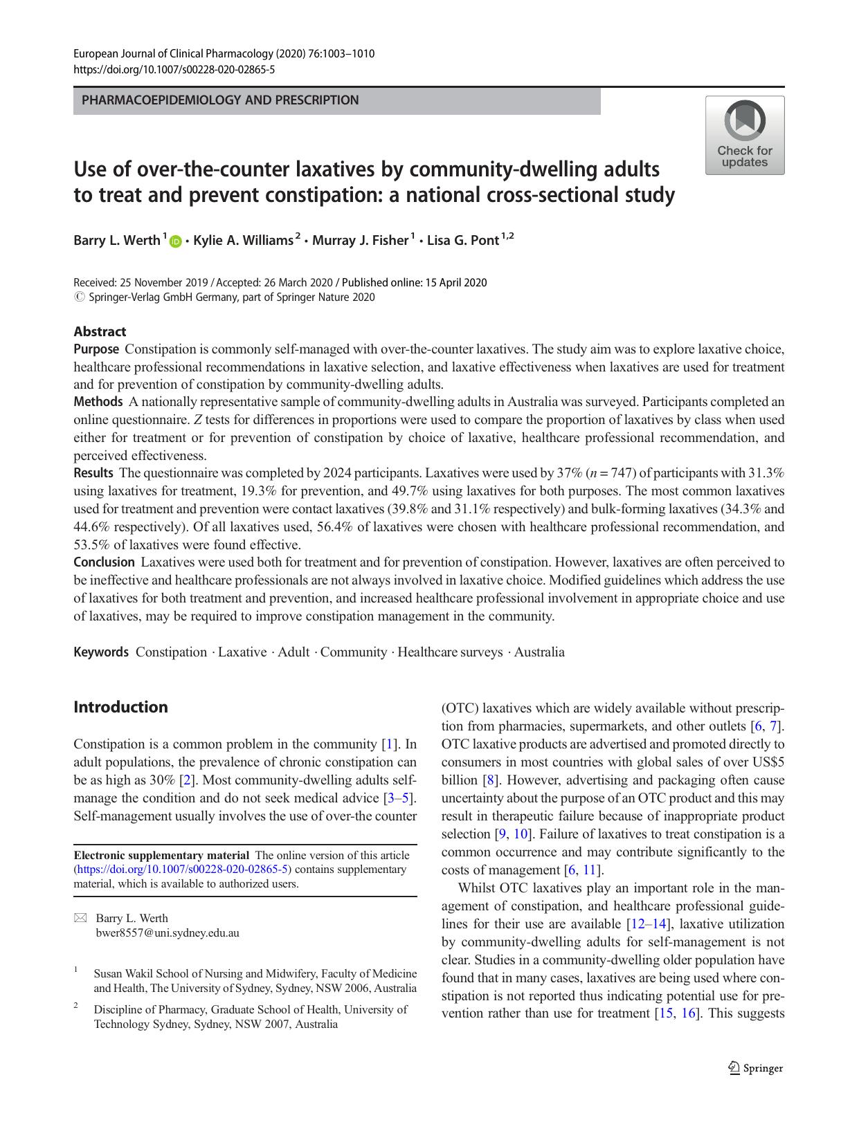 Use of over-the-counter laxatives by community-dwelling adults to treat and prevent constipation: a national cross-sectional study by Barry L. Werth & Kylie A. Williams & Murray J. Fisher & Lisa G. Pont
