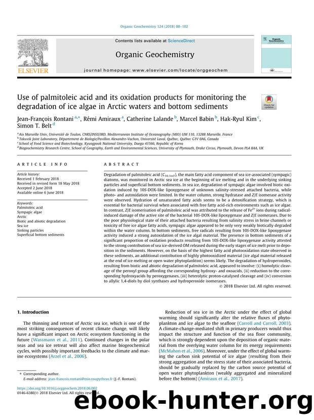 Use of palmitoleic acid and its oxidation products for monitoring the degradation of ice algae in Arctic waters and bottom sediments by unknow