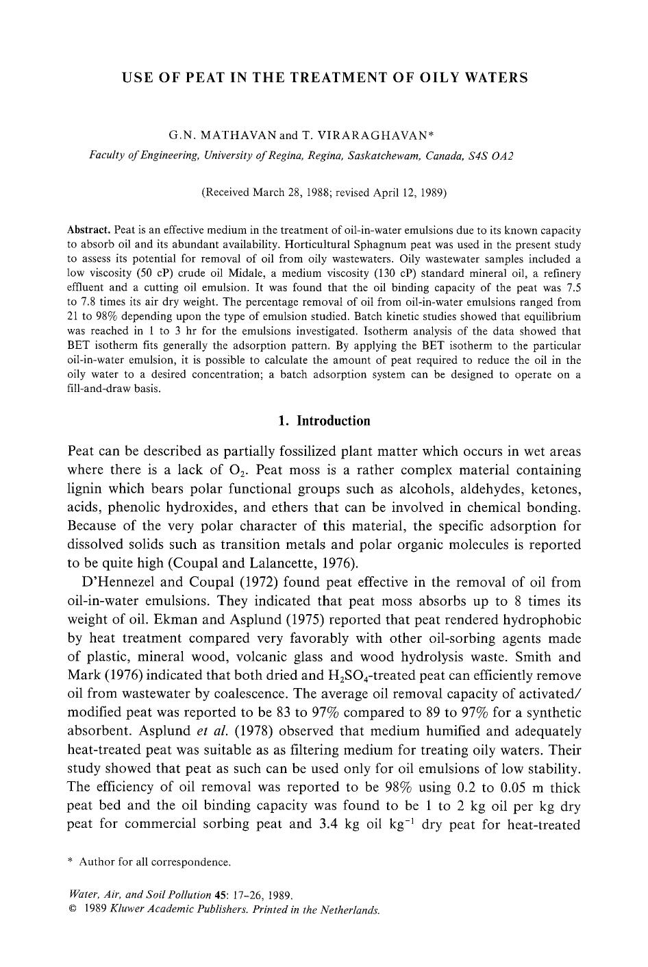 Use of peat in the treatment of oily waters by Unknown
