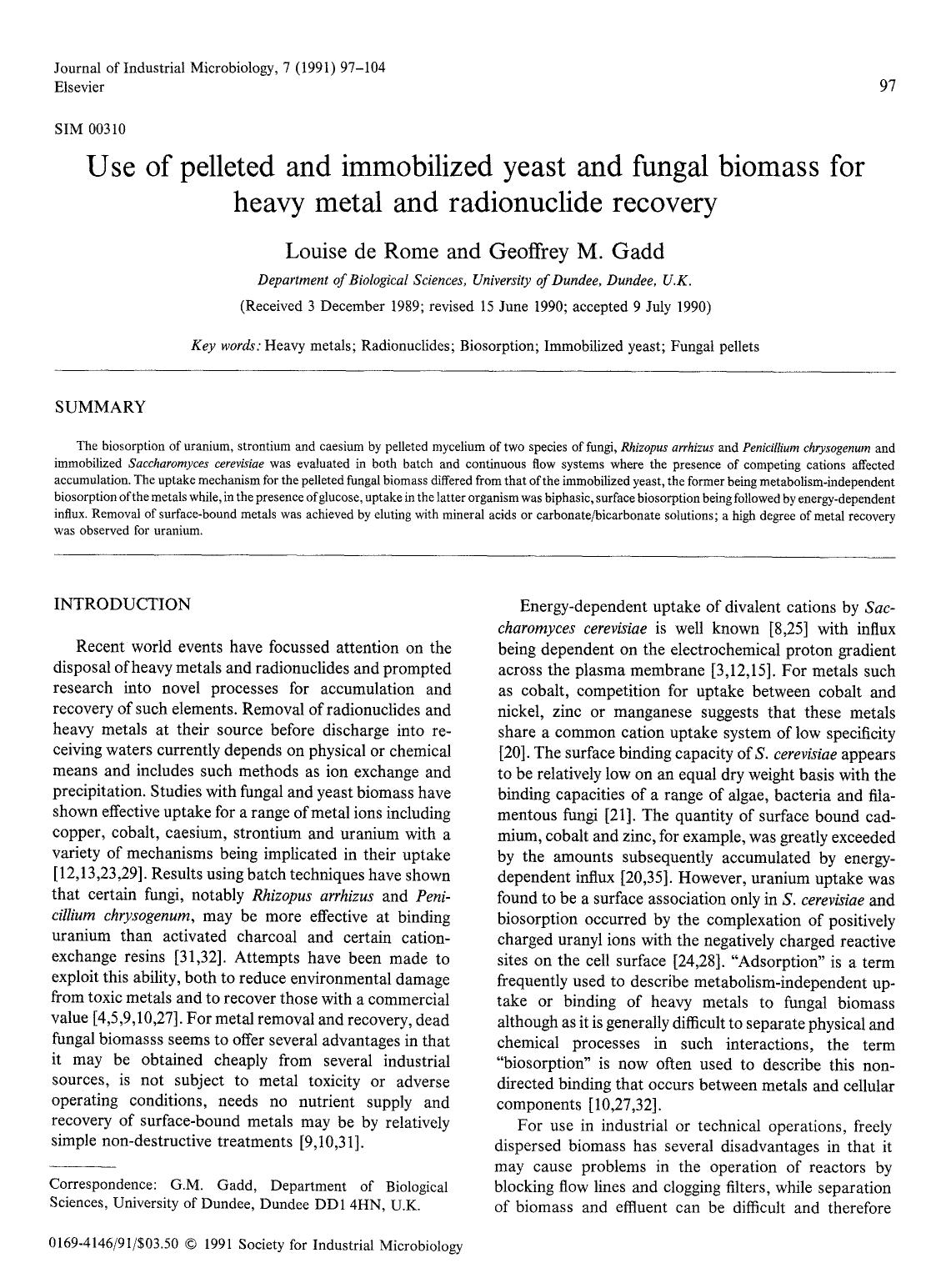 Use of pelleted and immobilized yeast and fungal biomass for heavy metal and radionuclide recovery by Unknown