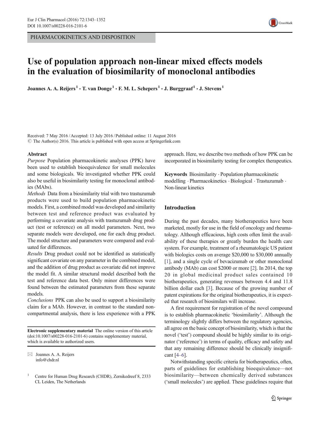 Use of population approach non-linear mixed effects models in the evaluation of biosimilarity of monoclonal antibodies by Joannes A. A. Reijers & T. Donge & F. M. L. Schepers & J. Burggraaf & J. Stevens