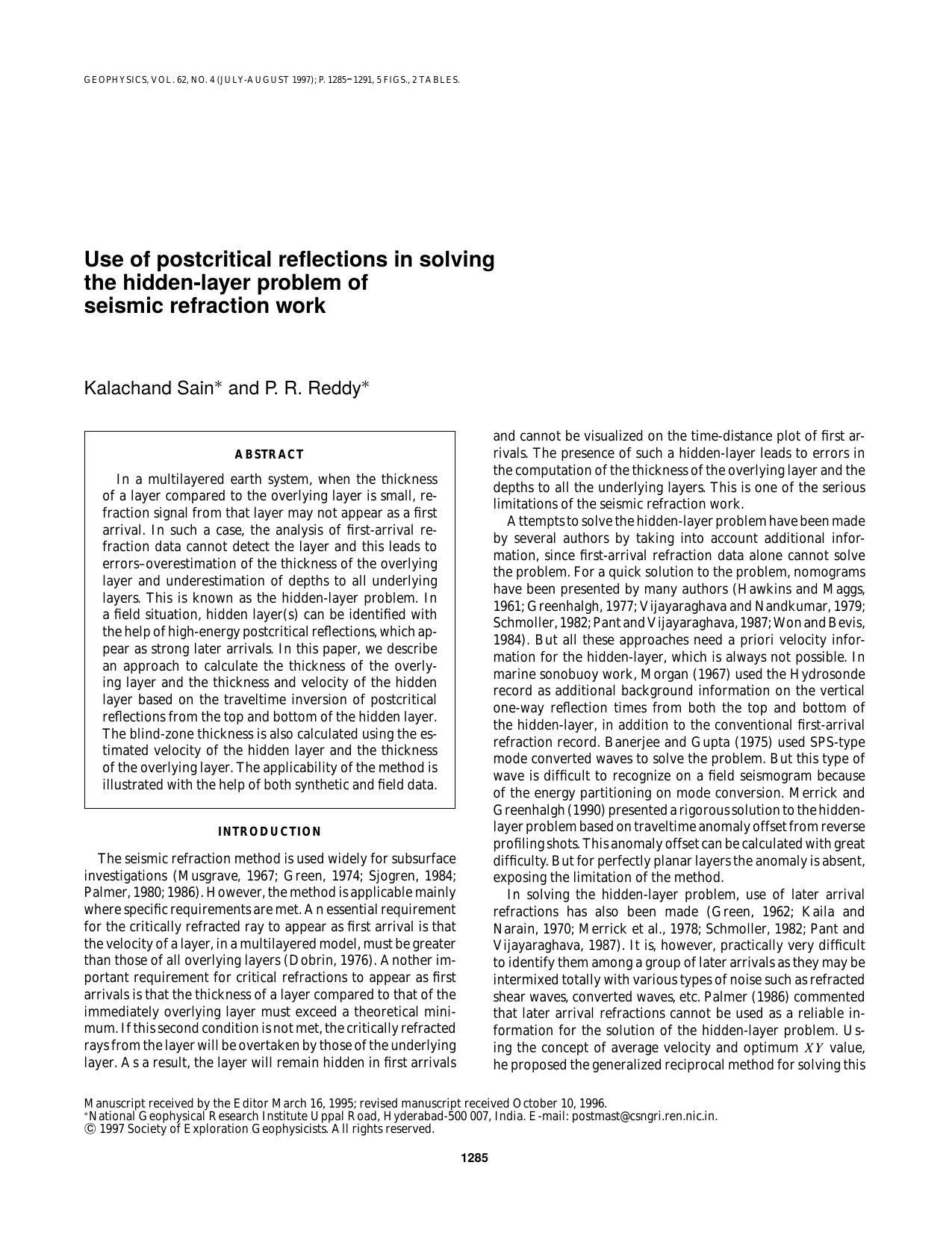Use of postcritical reflections in solving the hidden-layer problem of seismic refraction work by K. Sain P. R. Reddy