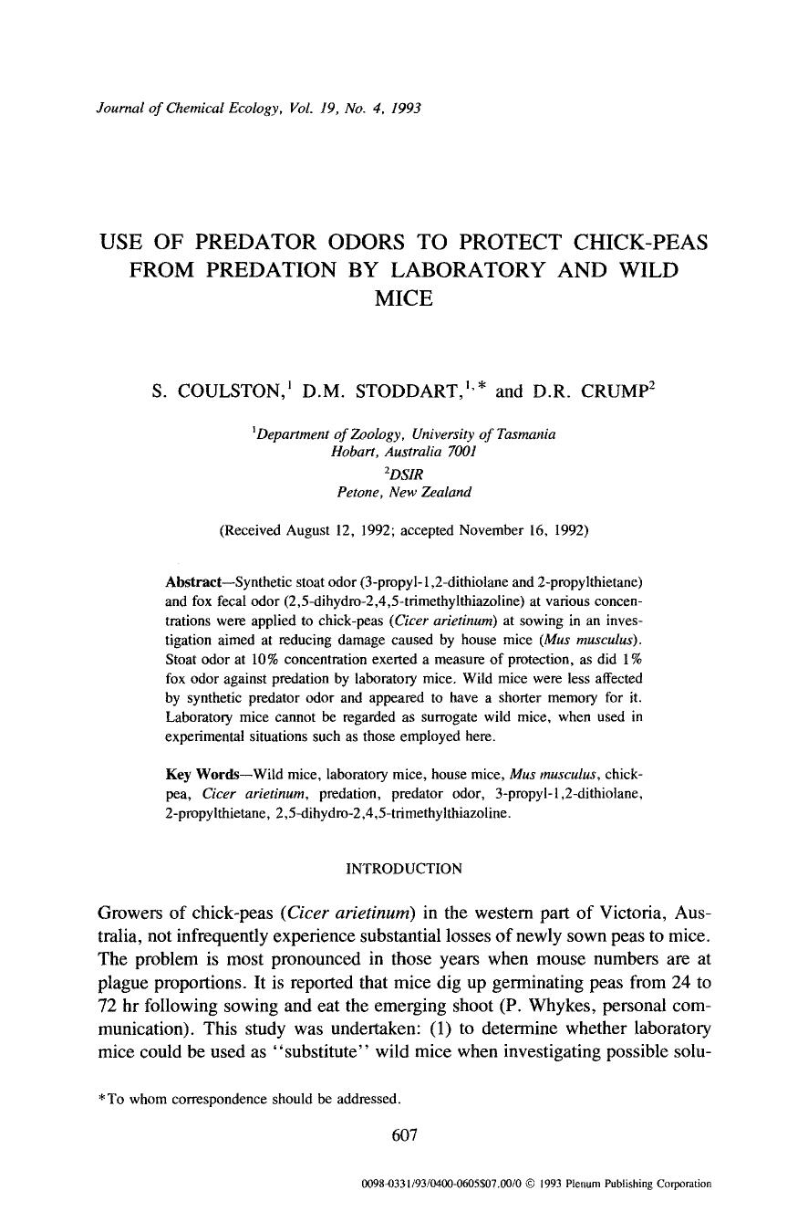 Use of predator odors to protect chick-peas from predation by laboratory and wild mice by Unknown