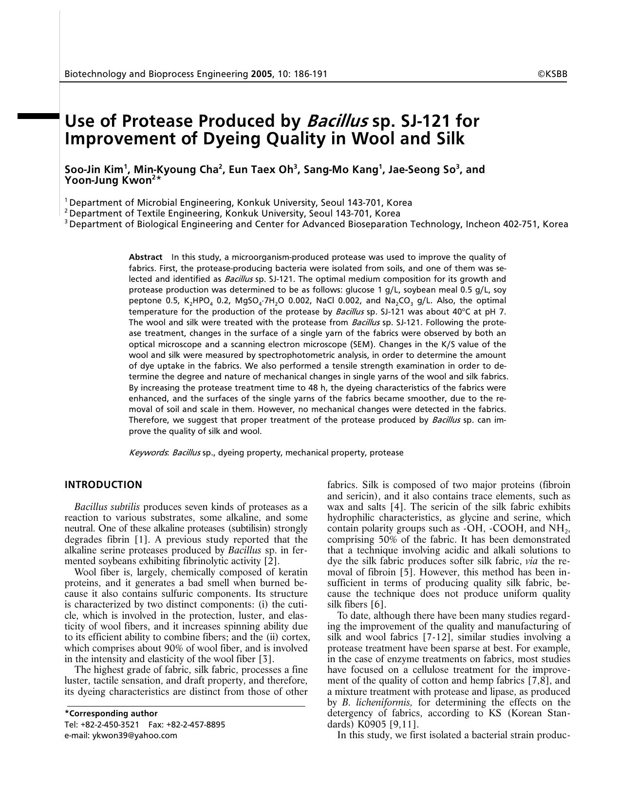 Use of protease produced by <Emphasis Type="Italic">Bacillus <Emphasis> sp. SJ-121 for improvement of dyeing quality in wool and silk by Unknown