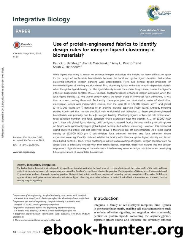 Use of protein-engineered fabrics to identify design rules for integrin ligand clustering in biomaterials by Patrick L. Benitez & Shamik Mascharak & Amy C. Proctor & Sarah C. Heilshorn