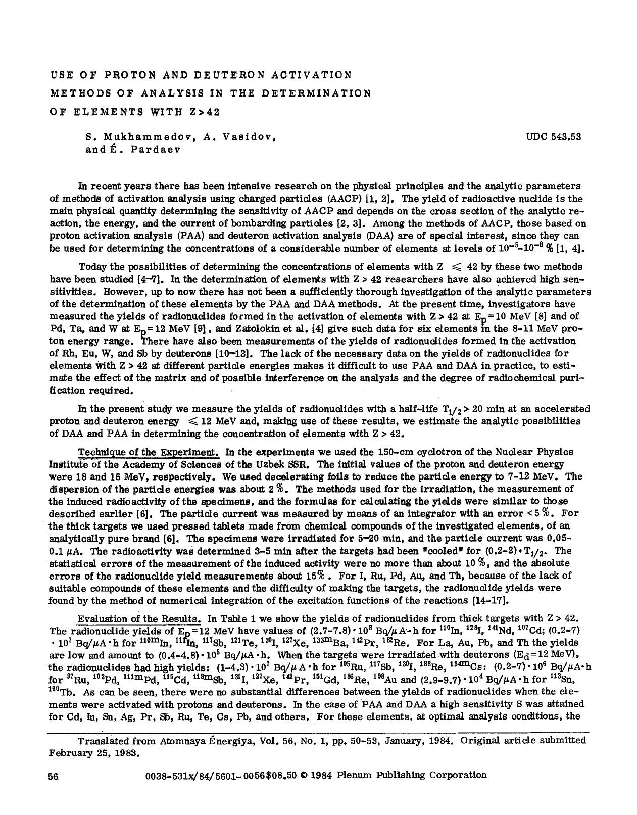 Use of proton and deuteron activation methods of analysis in the determination of elements with Z>42 by Unknown
