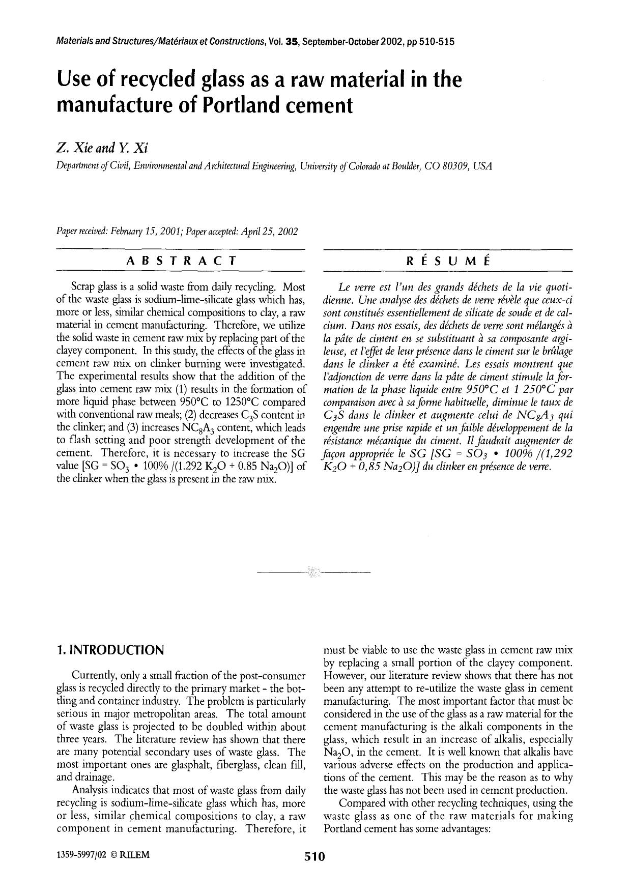 Use of recycled glass as a raw material in the manufacture of Portland cement by Unknown