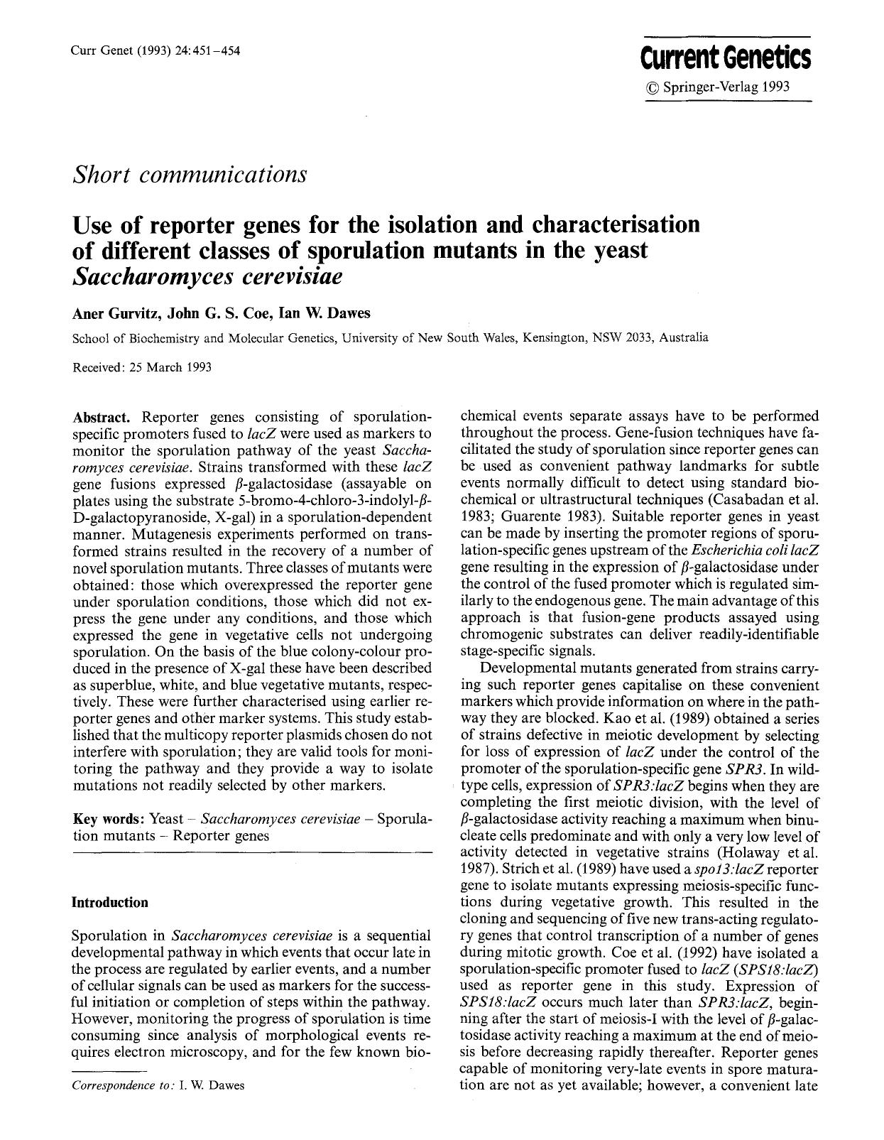 Use of reporter genes for the isolation and characterisation of different classes of sporulation mutants in the yeast <Emphasis Type="Italic">Saccharomyces cerevisiae<Emphasis> by Unknown