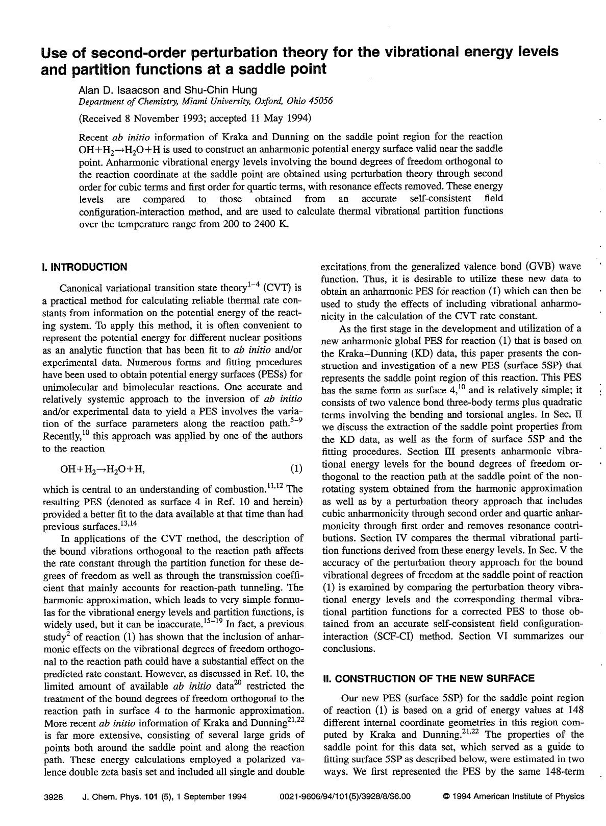 Use of second-order perturbation theory for the vibrational energy levels and partition functions at a saddle point by Alan D. Isaacson; Shu-Chin Hung