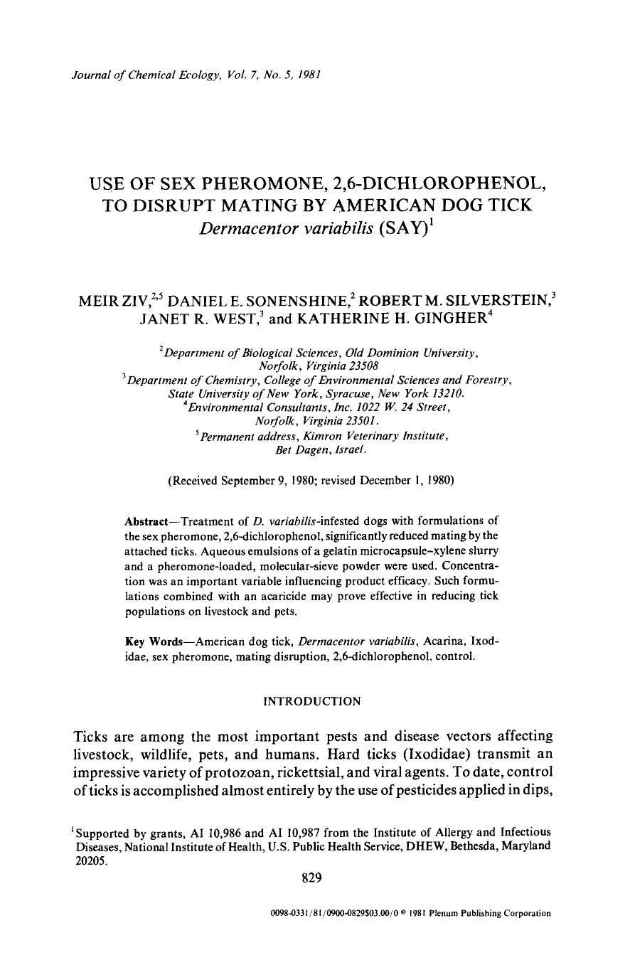 Use of sex pheromone, 2,6-dichlorophenol, to disrupt mating by american dog tick <Emphasis Type="Italic">Dermacentor variabilis <Emphasis> (SAY) by Unknown