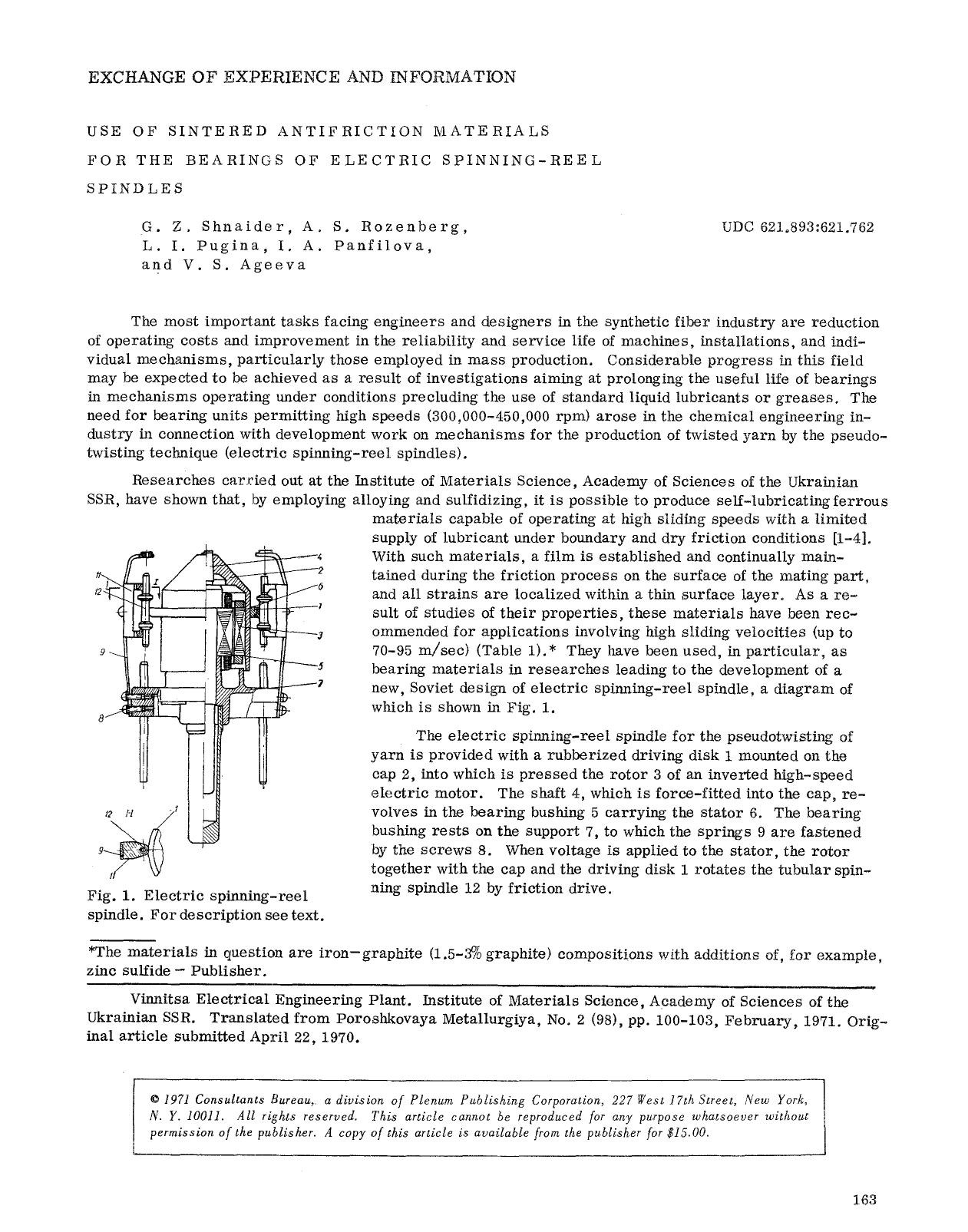 Use of sintered antifriction materials for the bearings of electric spinning-reel spindles by Unknown