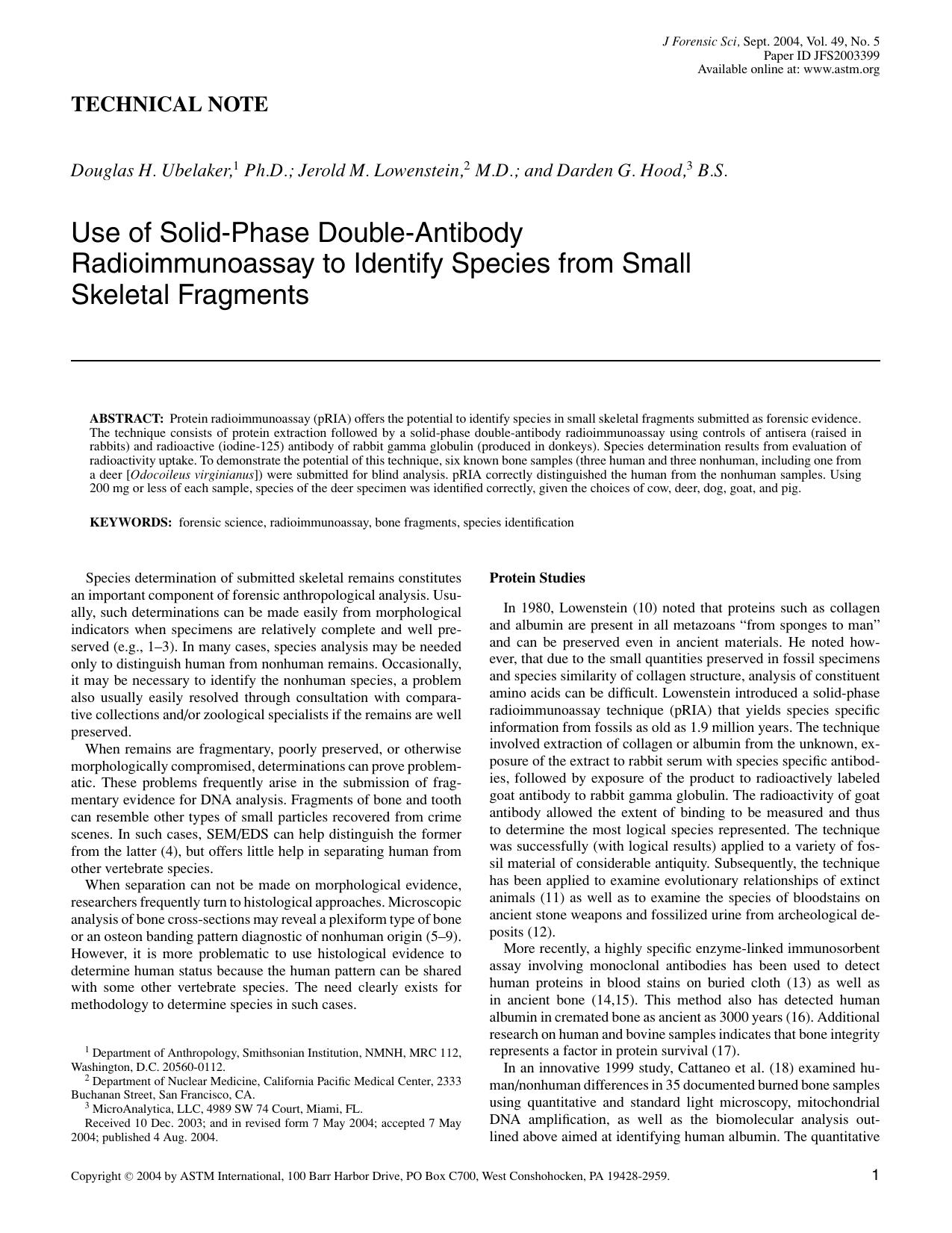 Use of solid-phase double-antibody radioimmunoassay to identify species from small skeletal fragments by Ubelaker DH Lowenstein JM Hood DG