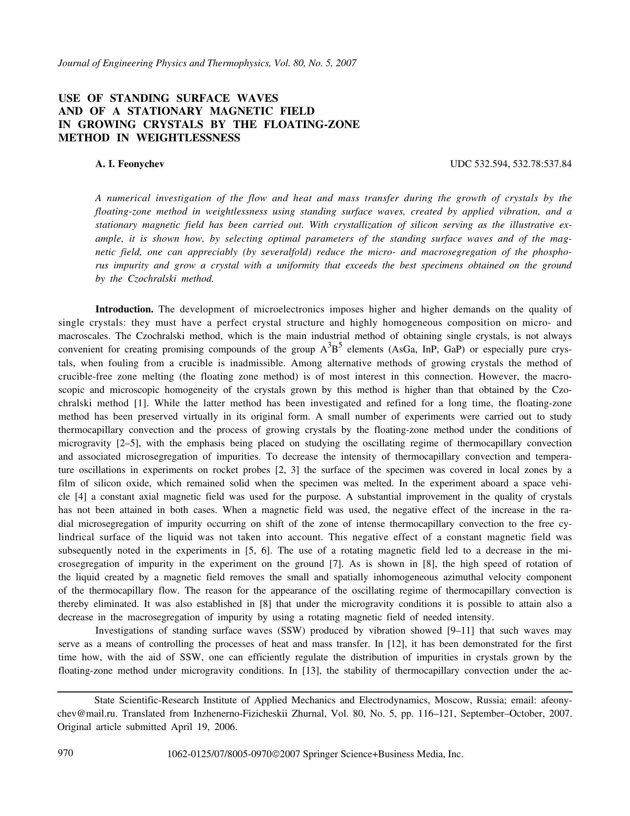 Use of standing surface waves and of a stationary magnetic field in growing crystals by the floating-zone method in weightlessness by Unknown