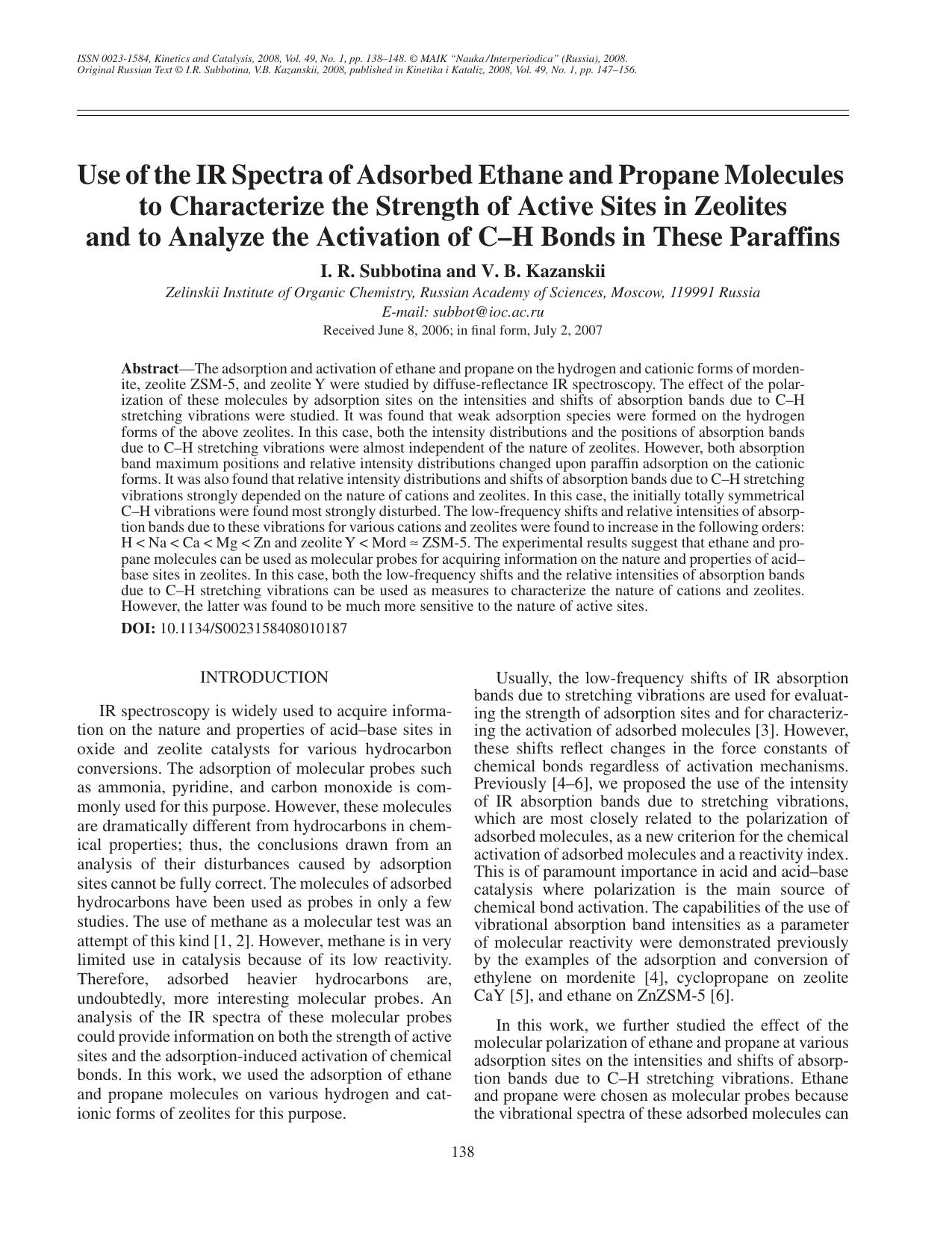 Use of the IR spectra of adsorbed ethane and propane molecules to characterize the strength of active sites in zeolites and to analyze the activation of C-H bonds in these paraffins by Unknown