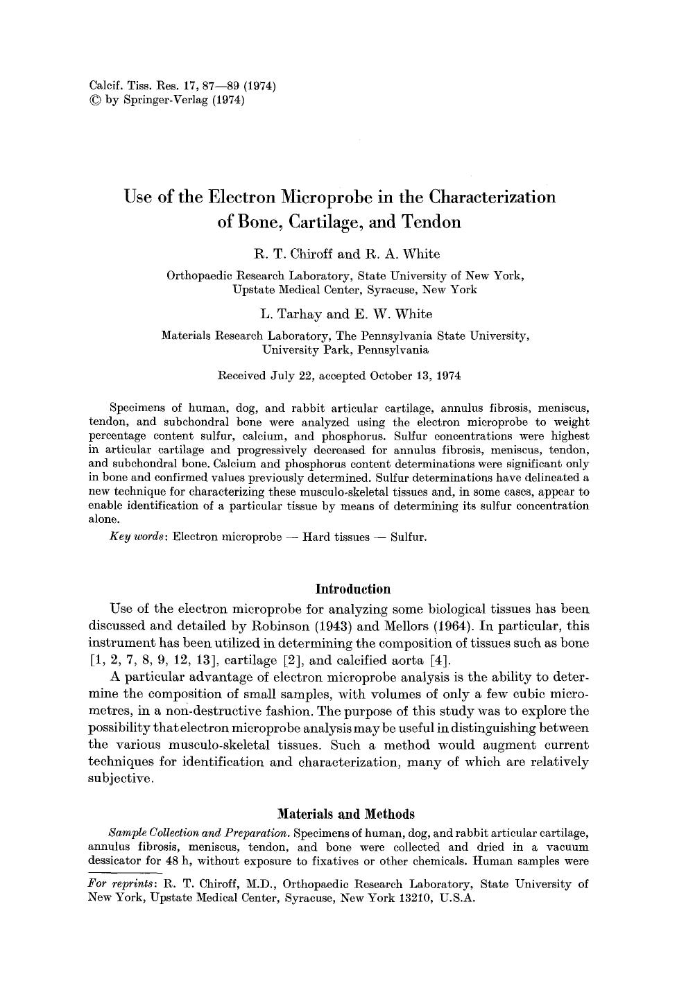 Use of the electron microprobe in the characterization of bone, cartilage, and tendon by Unknown
