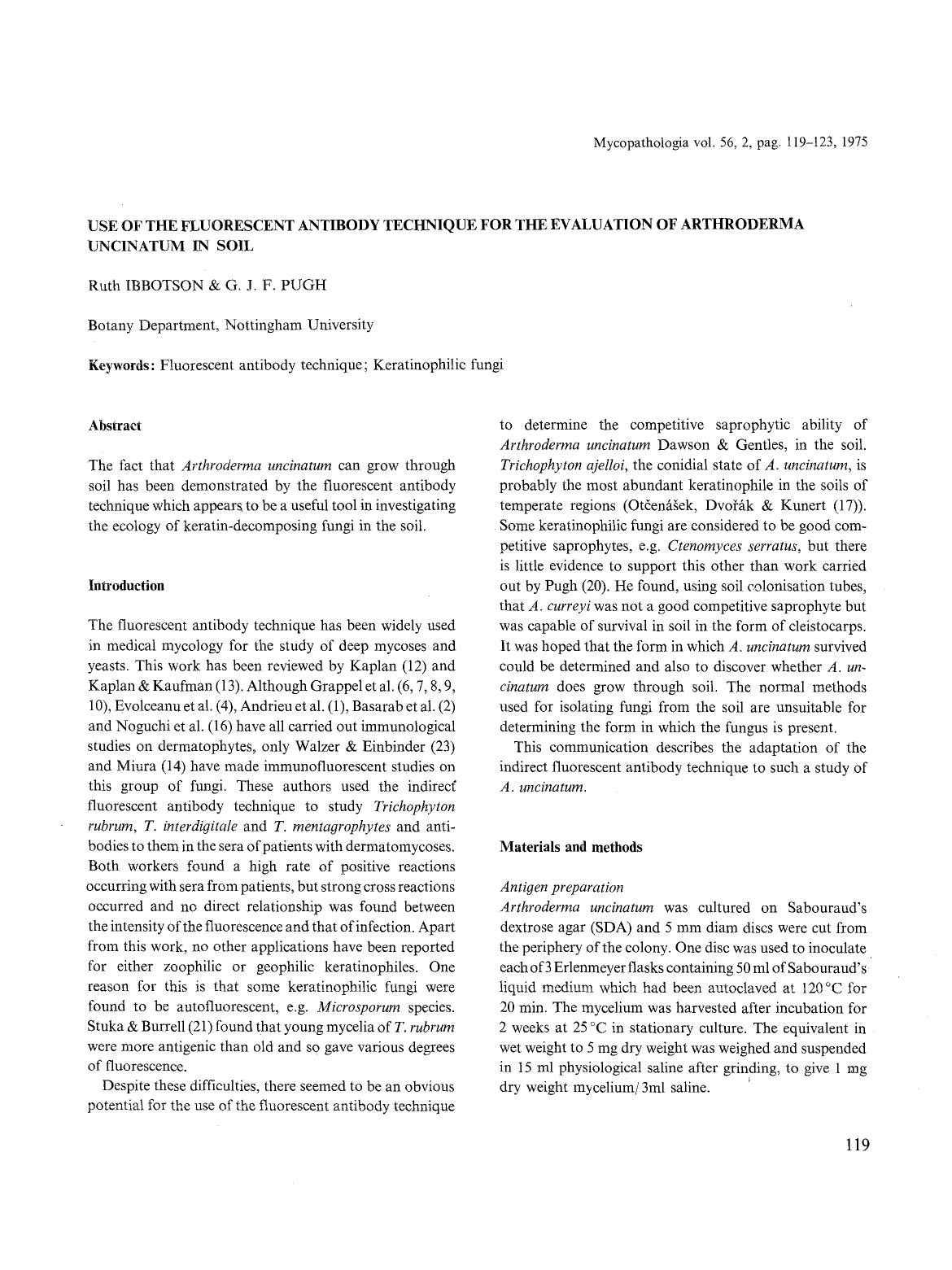 Use of the fluorescent antibody technique for the evaluation of Arthroderma uncinatum in soil by Unknown