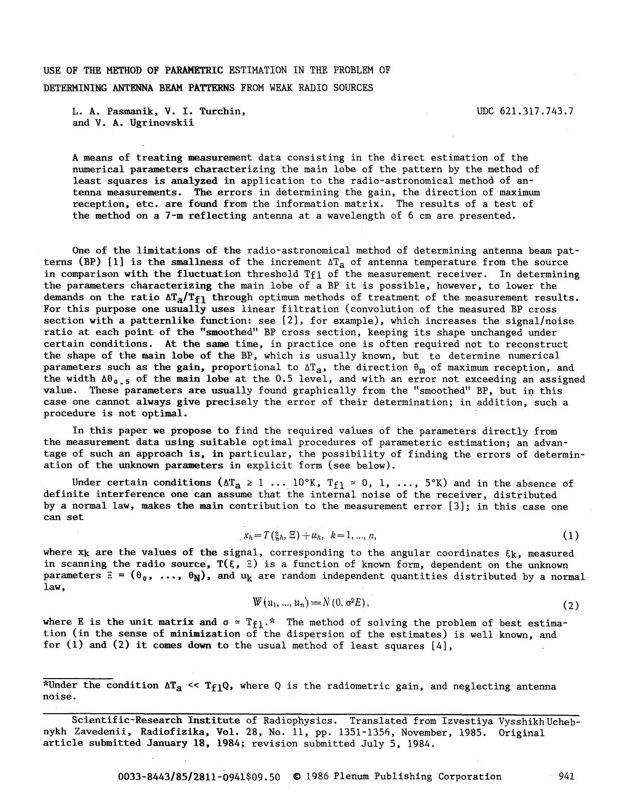 Use of the method of parametric estimation in the problem of determining antenna beam patterns from weak radio sources by Unknown