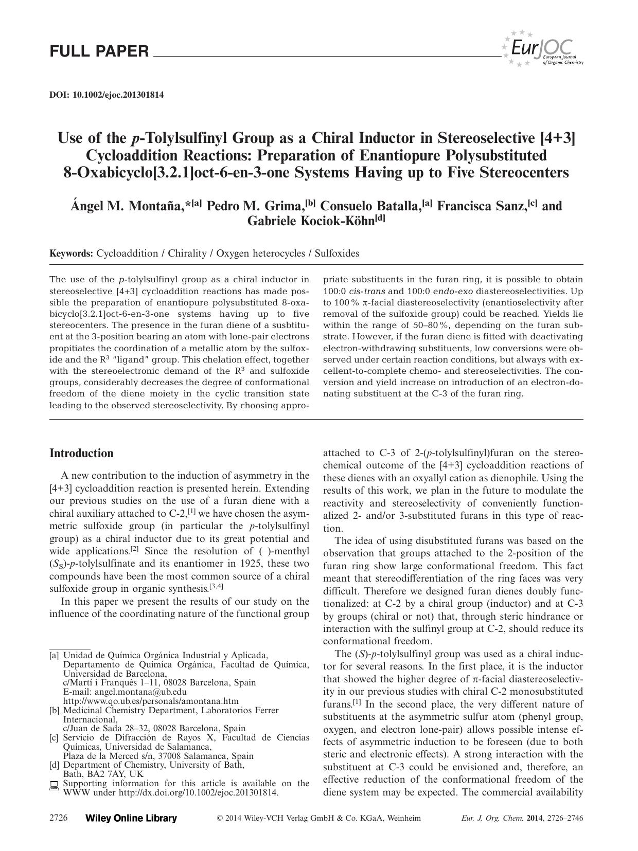 Use of the pTolylsulfinyl Group as a Chiral Inductor in Stereoselective [4+3] Cycloaddition Reactions: Preparation of Enantiopure Polysubstituted 8Oxabicyclo[3.2.1]oct6en3one Syste by Unknown