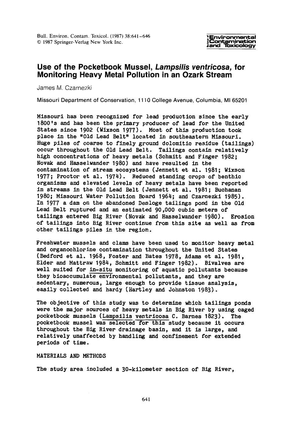 Use of the pocketbook mussel, <Emphasis Type="Italic">Lampsilis ventricosa <Emphasis>, for monitoring heavy metal pollution in an Ozark stream by Unknown