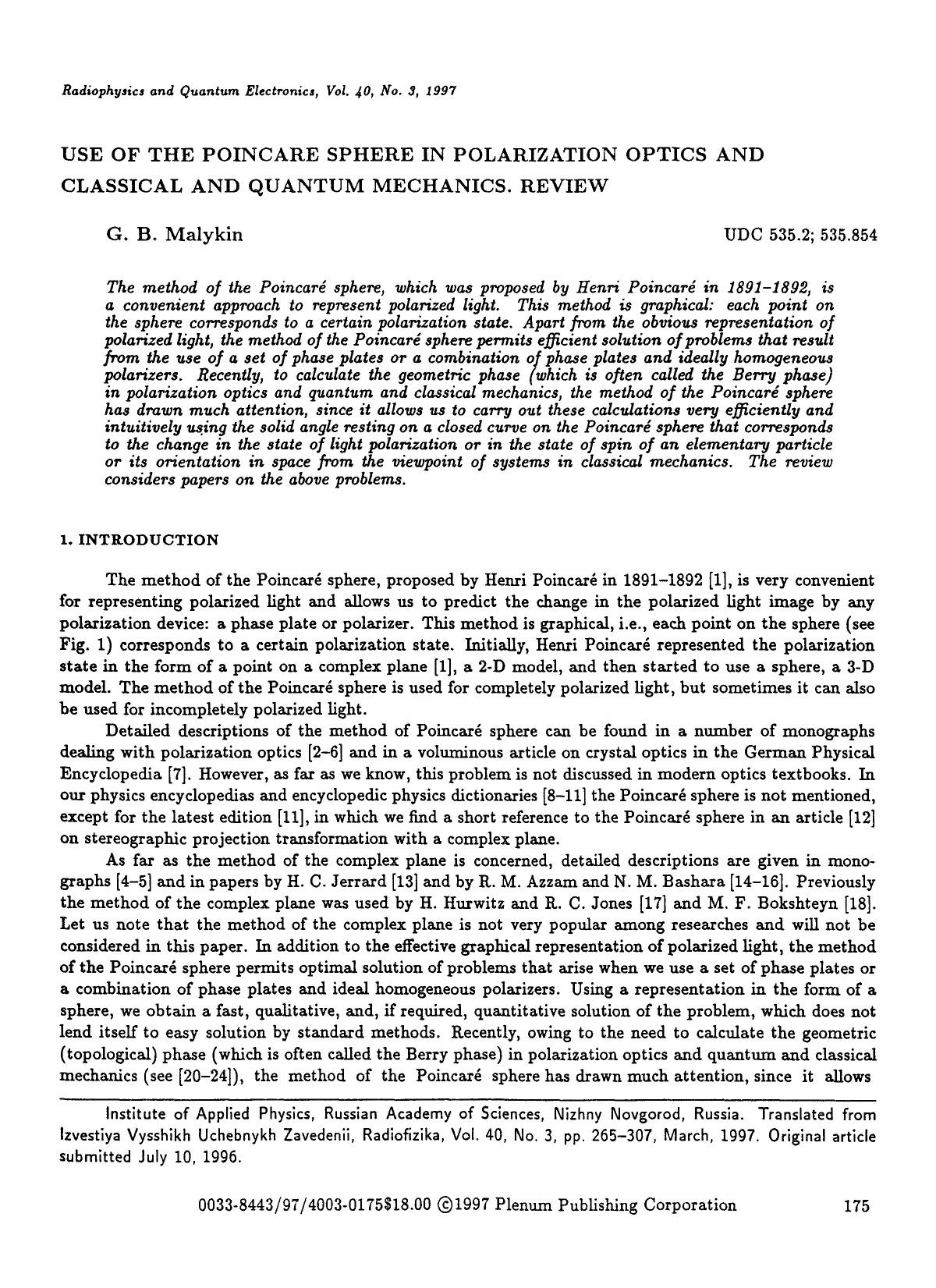 Use of the poincare sphere in polarization optics and classical and quantum mechanics. Review by Unknown