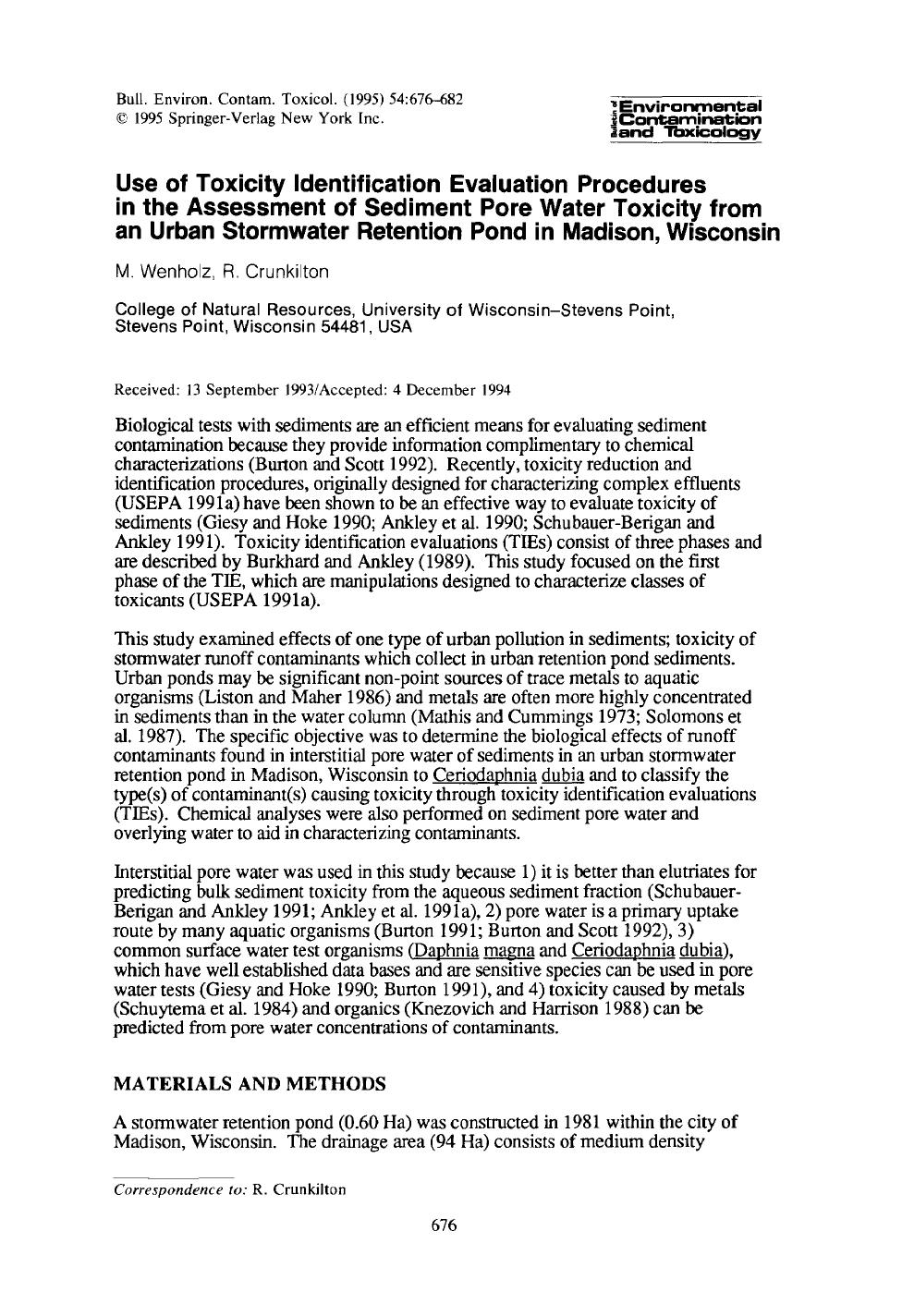 Use of toxicity identification evaluation procedures in the assessment of sediment pore water toxicity from an urban stormwater retention pond in Madison, Wisconsin by Unknown