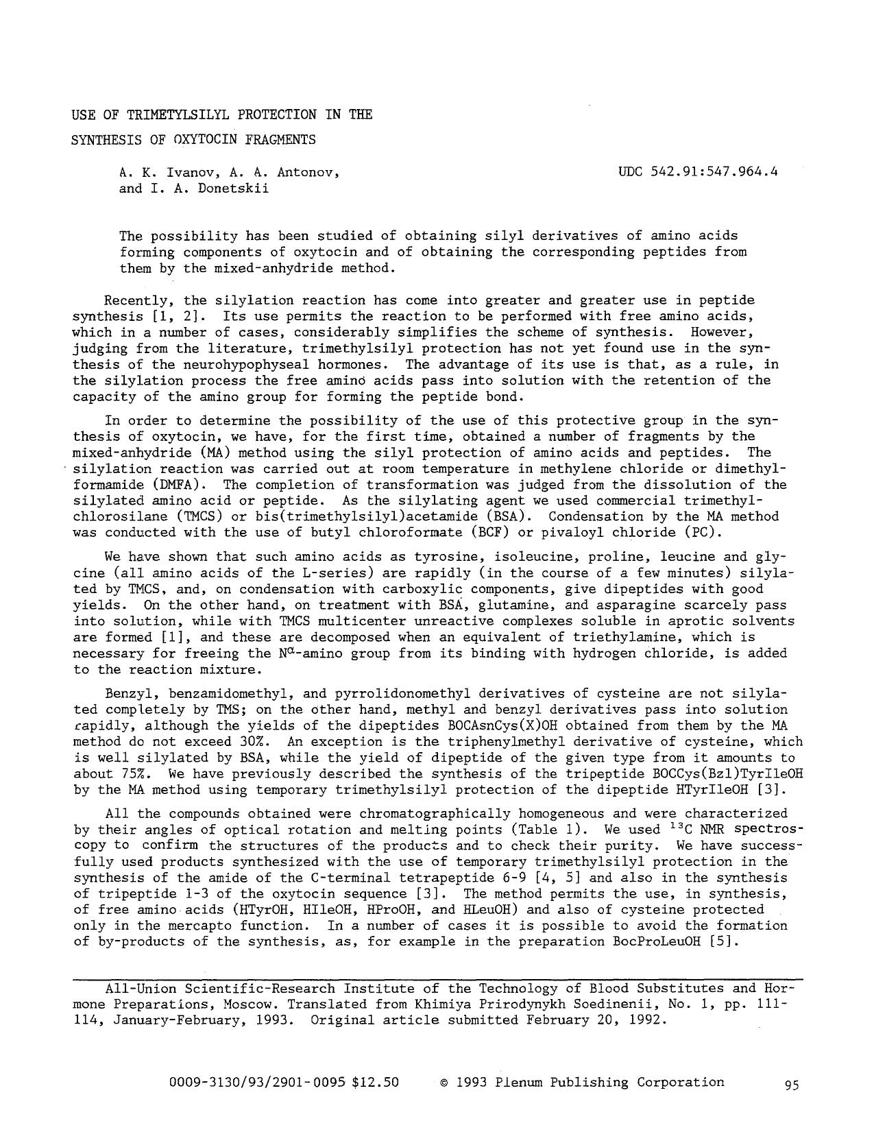 Use of trimetylsilyl protection in the synthesis of oxytocin fragments by Unknown