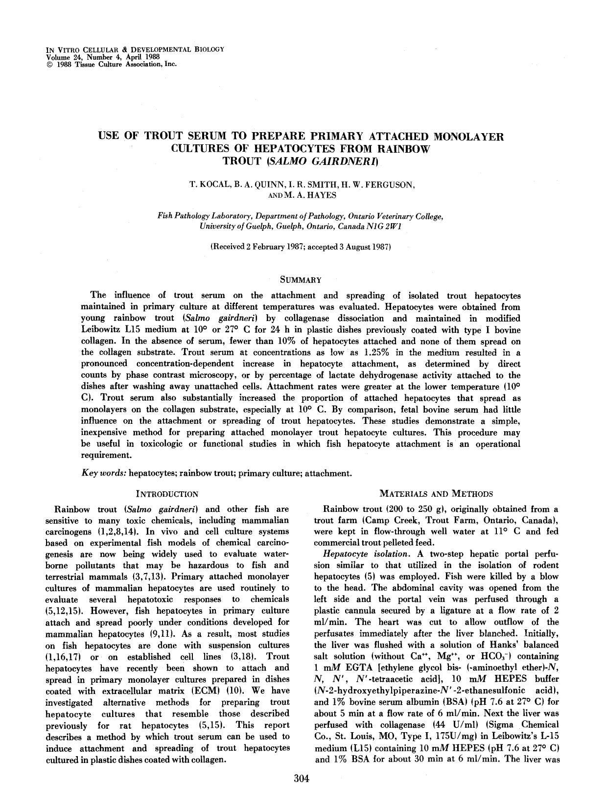 Use of trout serum to prepare primary attached monolayer cultures of hepatocytes from rainbow trout ( <Emphasis Type="Italic">Salmo gairdneri <Emphasis>) by Unknown