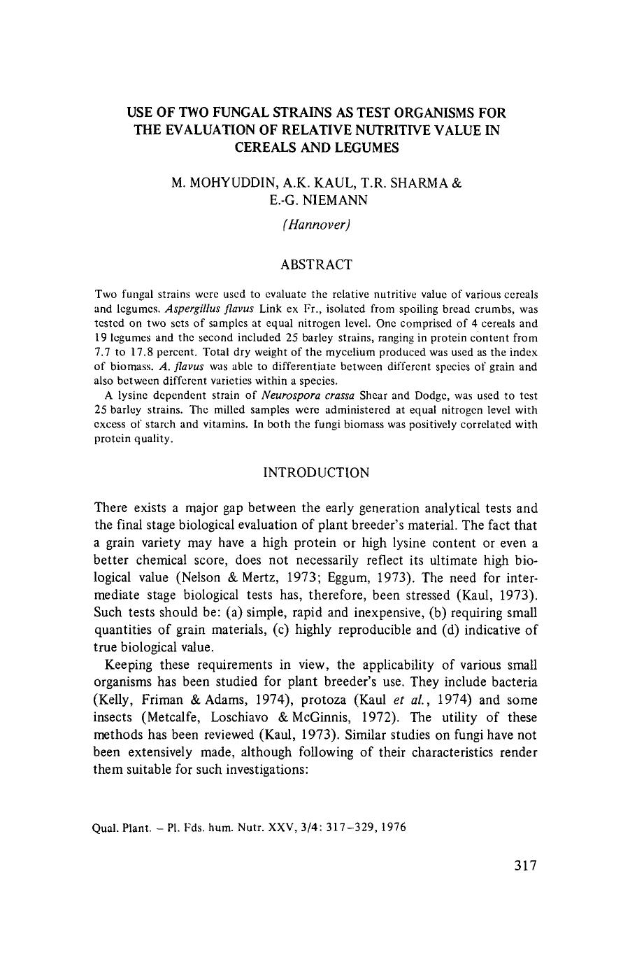 Use of two fungal strains as test organisms for the evaluation of relative nutritive value in cereals and legumes by Unknown