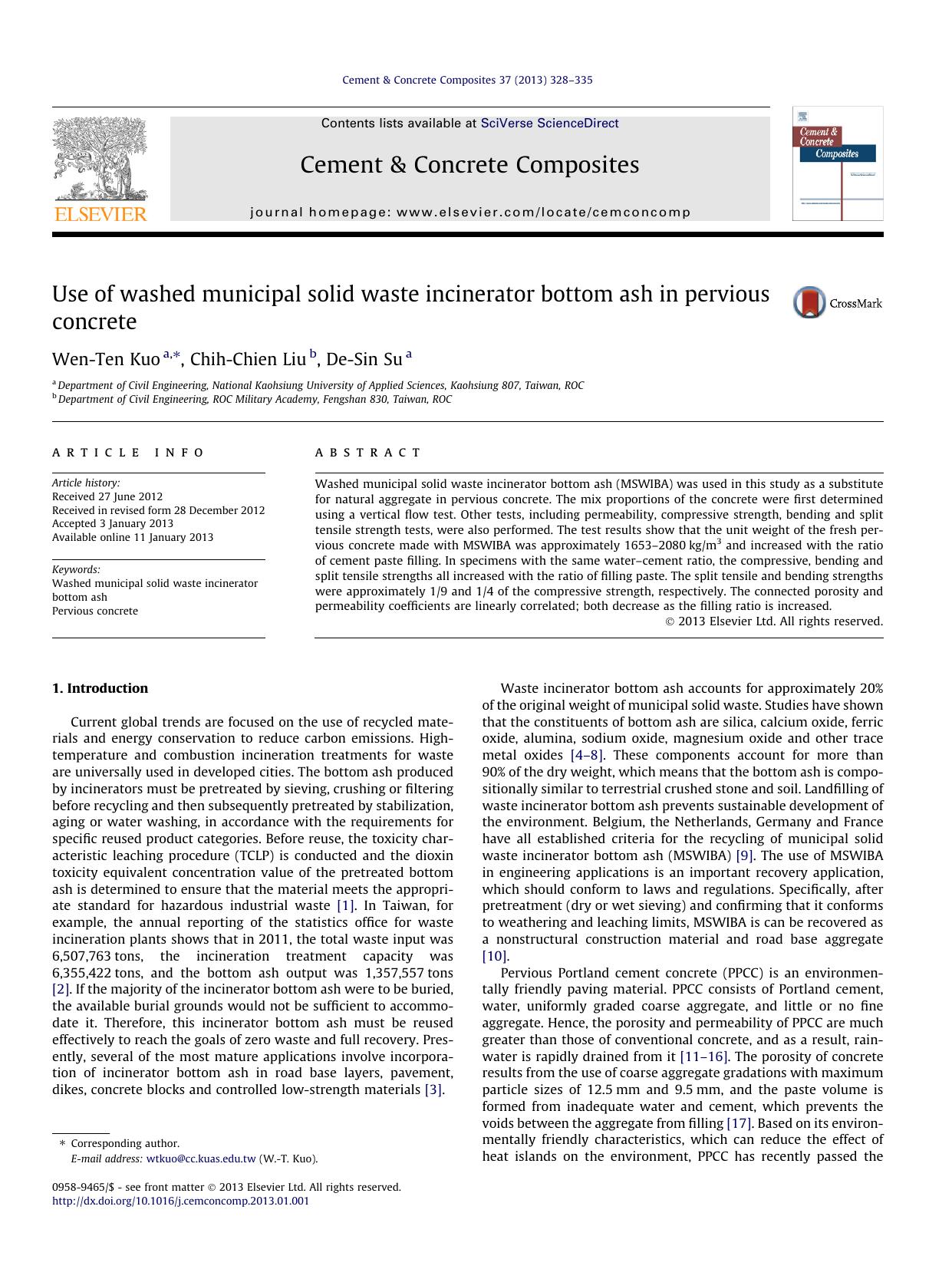 Use of washed municipal solid waste incinerator bottom ash in pervious concrete by Wen-Ten Kuo & Chih-Chien Liu & De-Sin Su