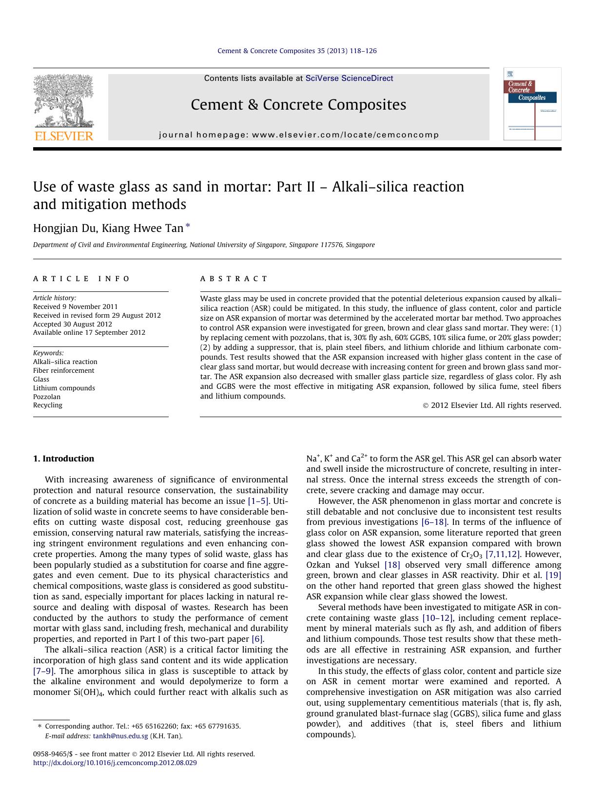 Use of waste glass as sand in mortar: Part II Ã¢â¬â AlkaliÃ¢â¬âsilica reaction and mitigation methods by Hongjian Du & Kiang Hwee Tan